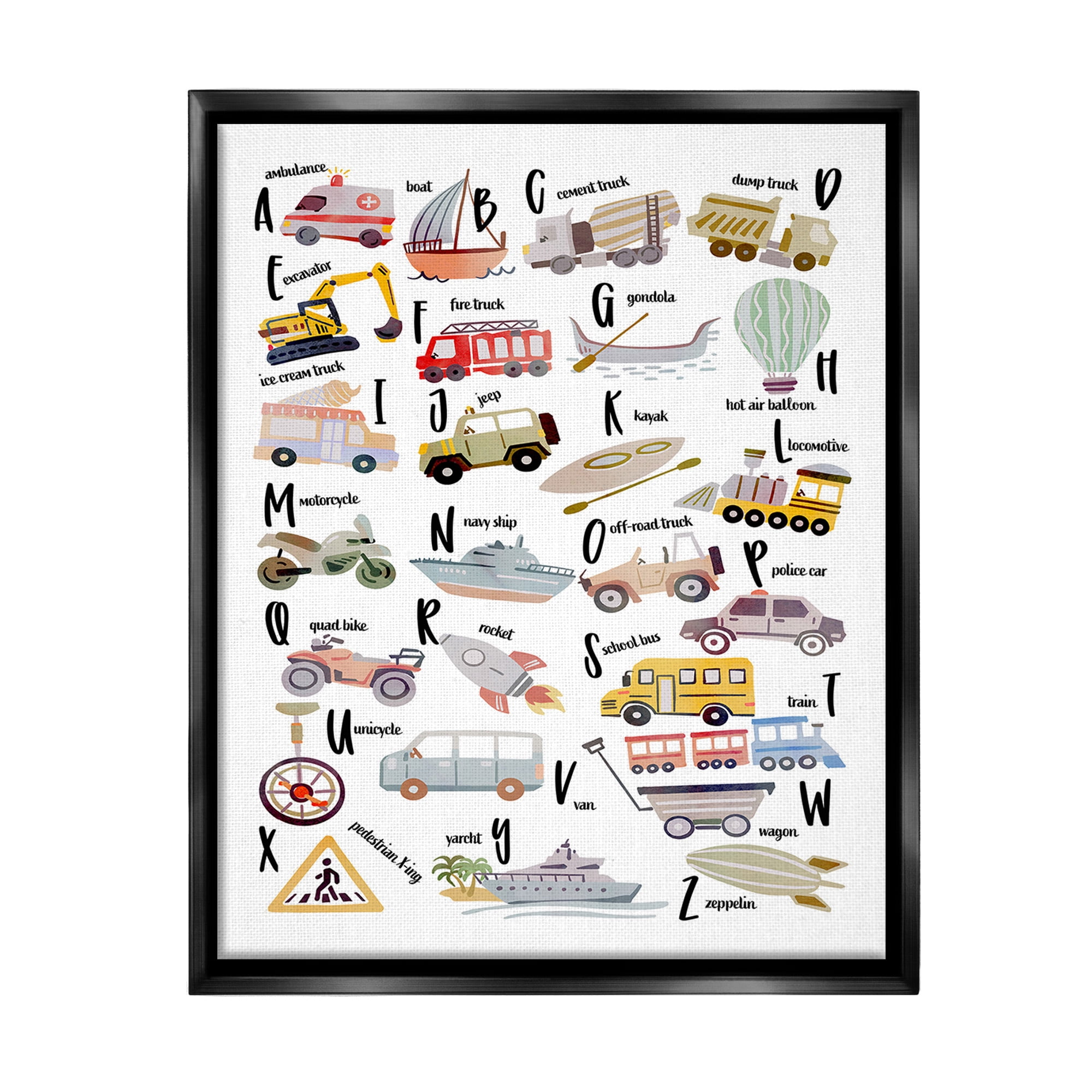Stupell Industries Educational Automobile Alphabet Transportation Painting Black Floater Framed Canvas Art Print Wall Art, 25 x 31
