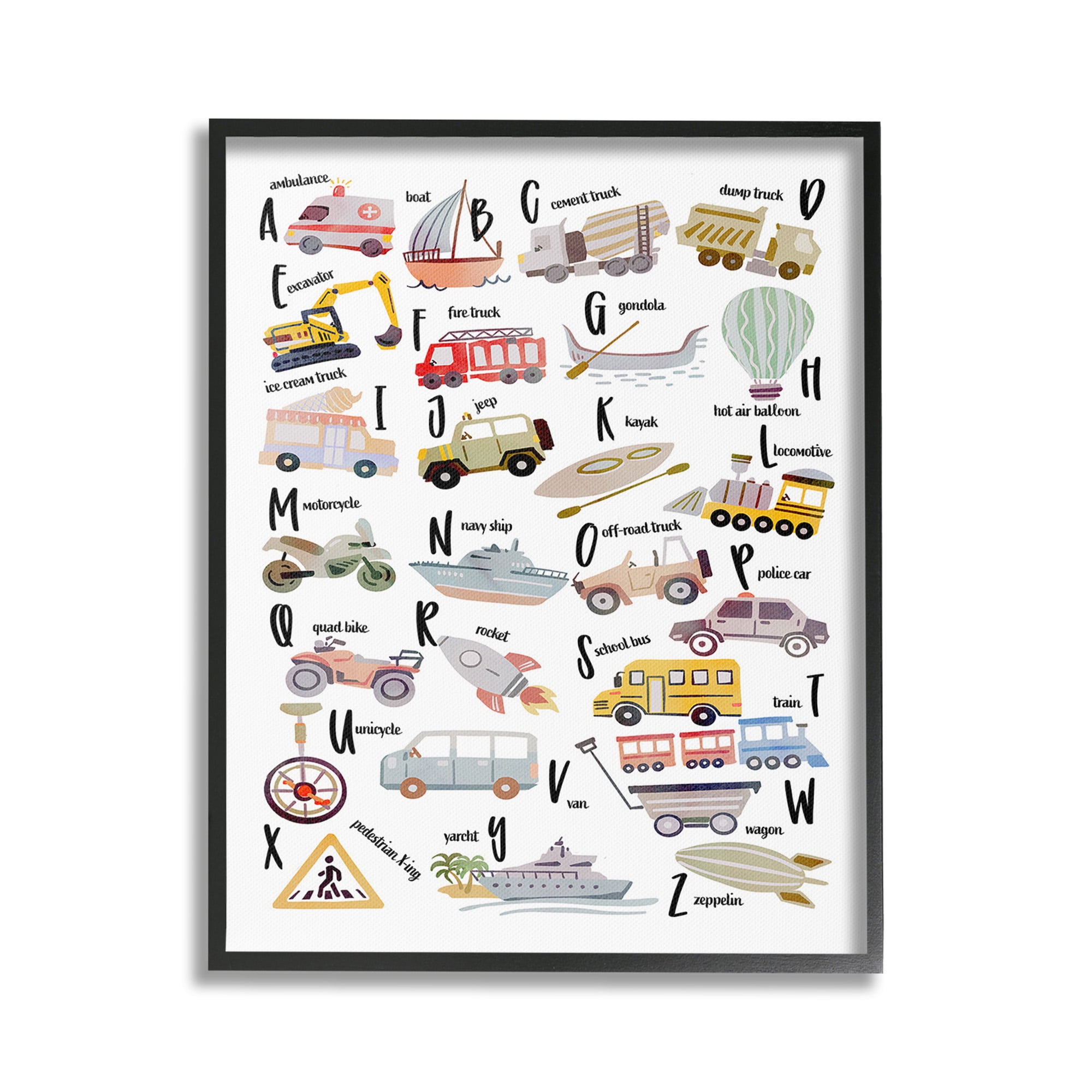 Stupell Industries Educational Automobile Alphabet Transportation Painting Black Framed Art Print Wall Art, 16 x 20