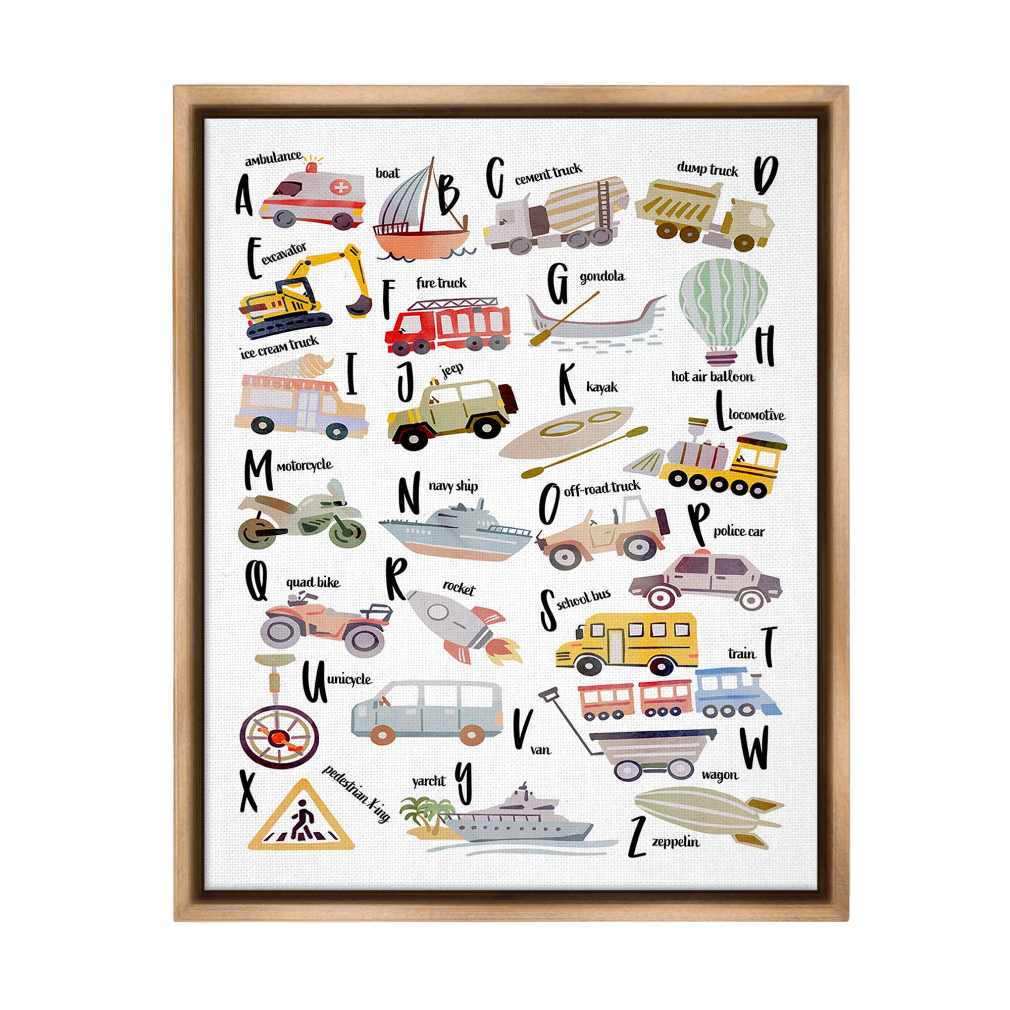 Stupell Industries Educational Automobile Alphabet Transportation Painting Brown Floater Framed Canvas Art Print Wall Art, 25 x 31