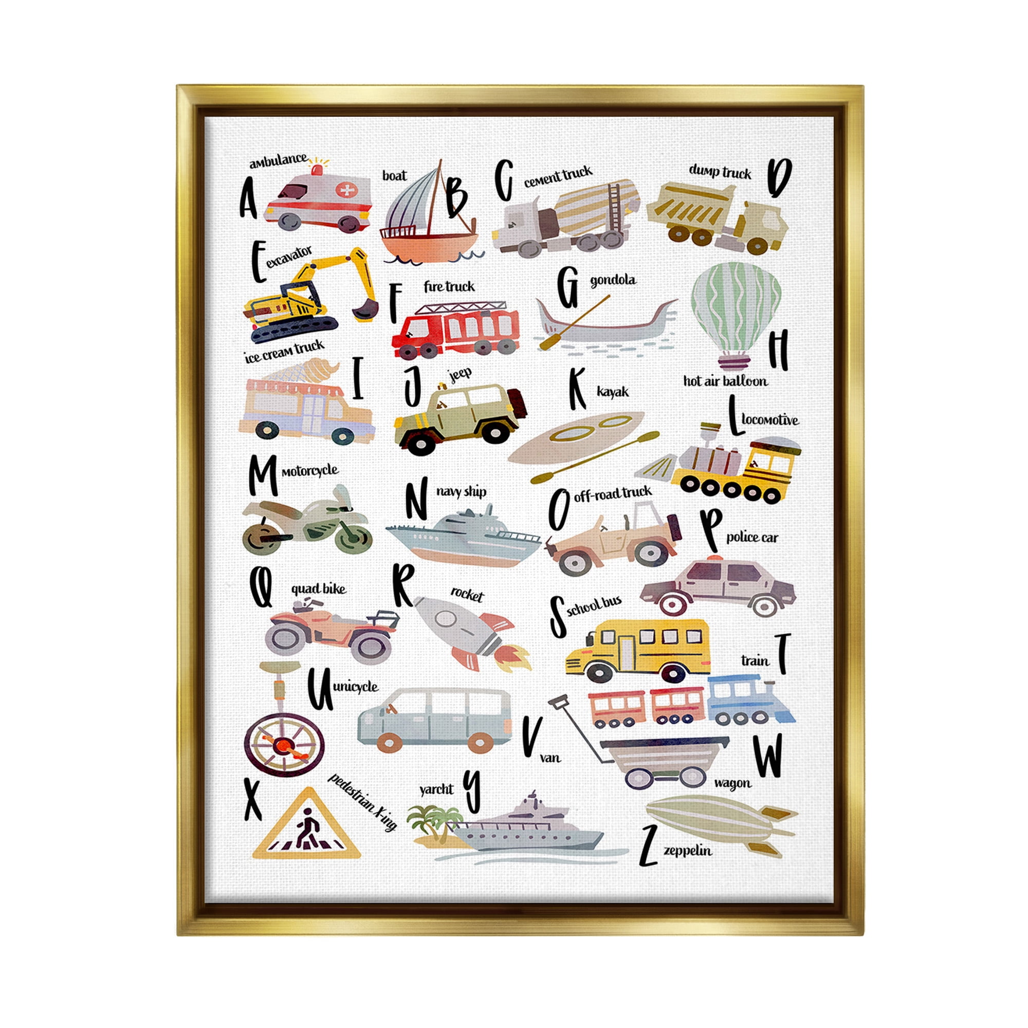 Stupell Industries Educational Automobile Alphabet Transportation Painting Gold Floater Framed Canvas Art Print Wall Art, 25 x 31