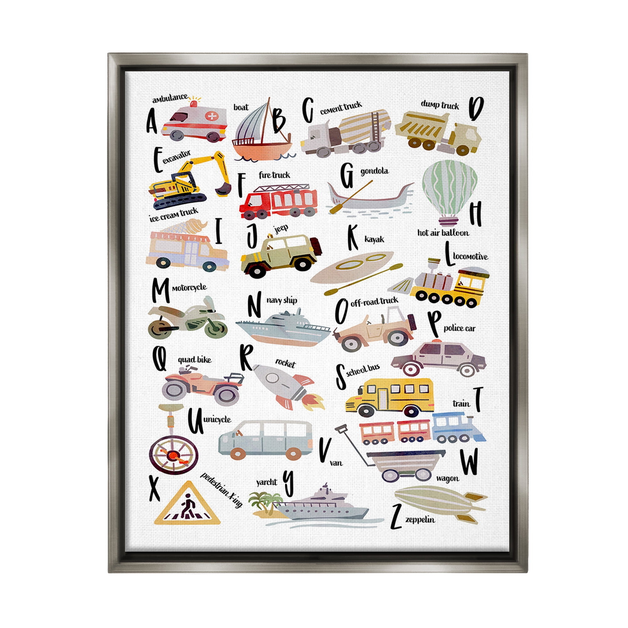 Stupell Industries Educational Automobile Alphabet Transportation Painting Gray Floater Framed Canvas Art Print Wall Art, 17 x 21