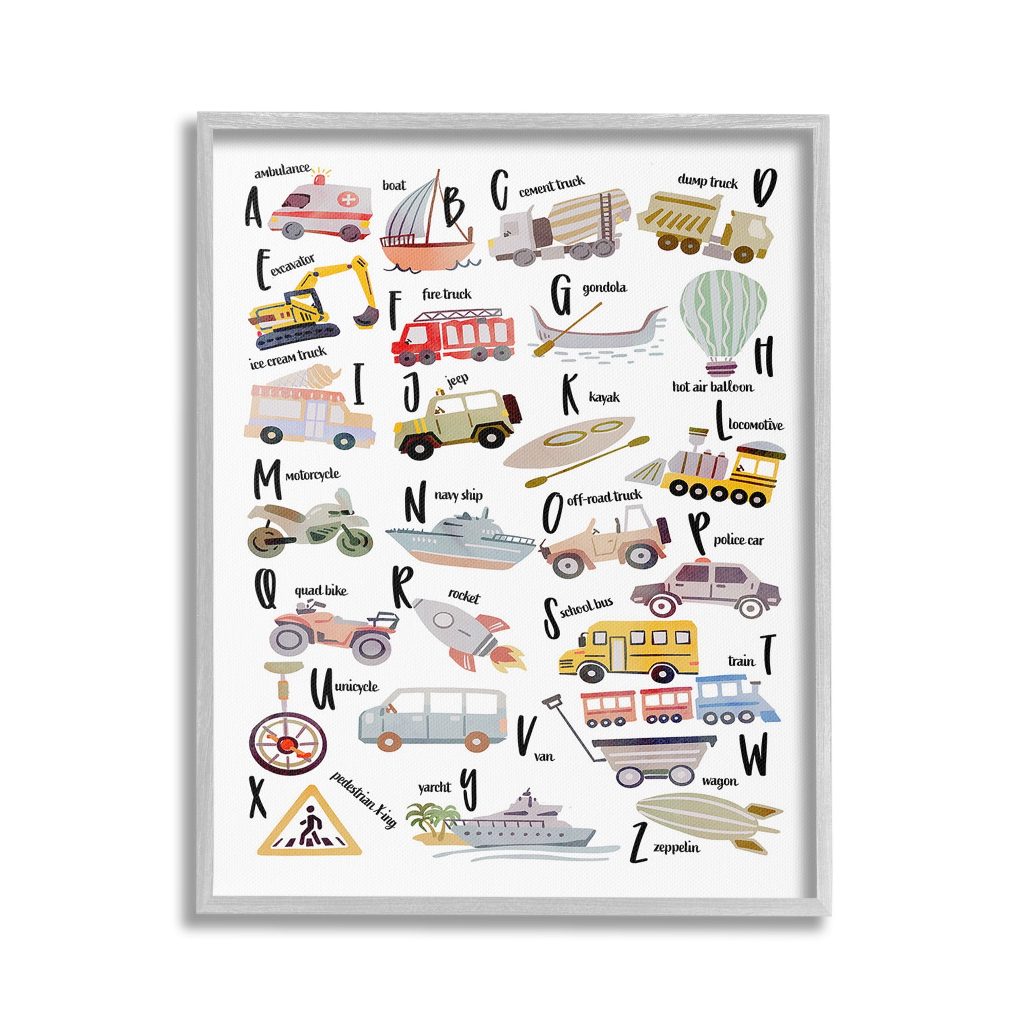 Stupell Industries Educational Automobile Alphabet Transportation Painting Gray Framed Art Print Wall Art, 16 x 20