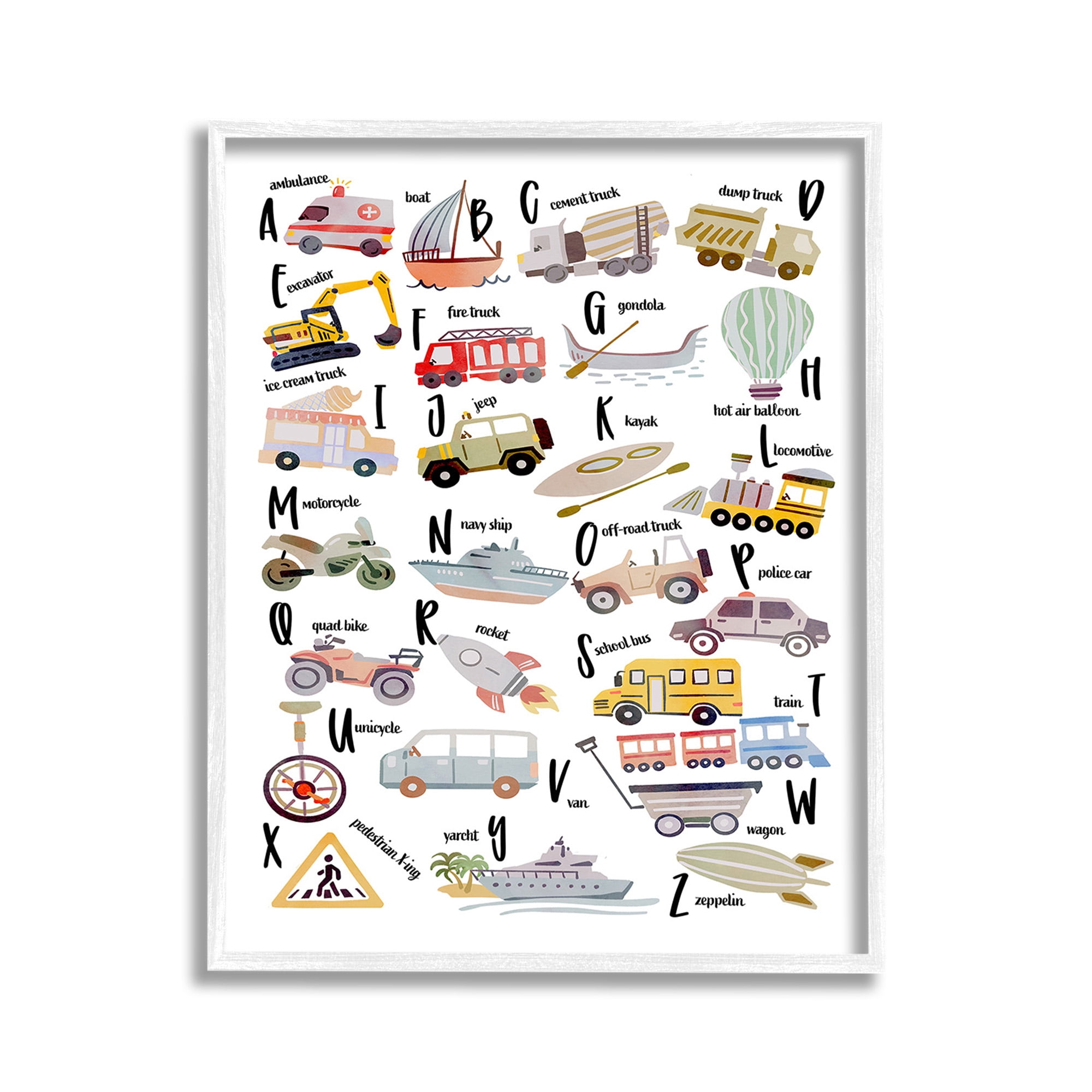 Stupell Industries Educational Automobile Alphabet Transportation Painting White Framed Art Print Wall Art, 11 x 14