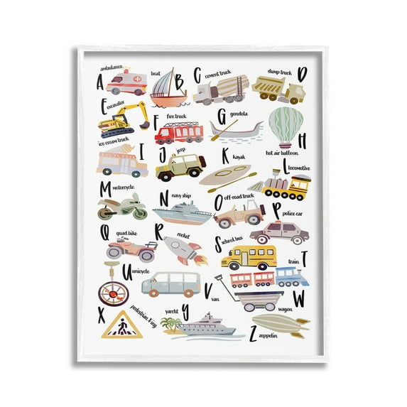 Stupell Industries Educational Automobile Alphabet Transportation Painting White Framed Art Print Wall Art, 16 x 20