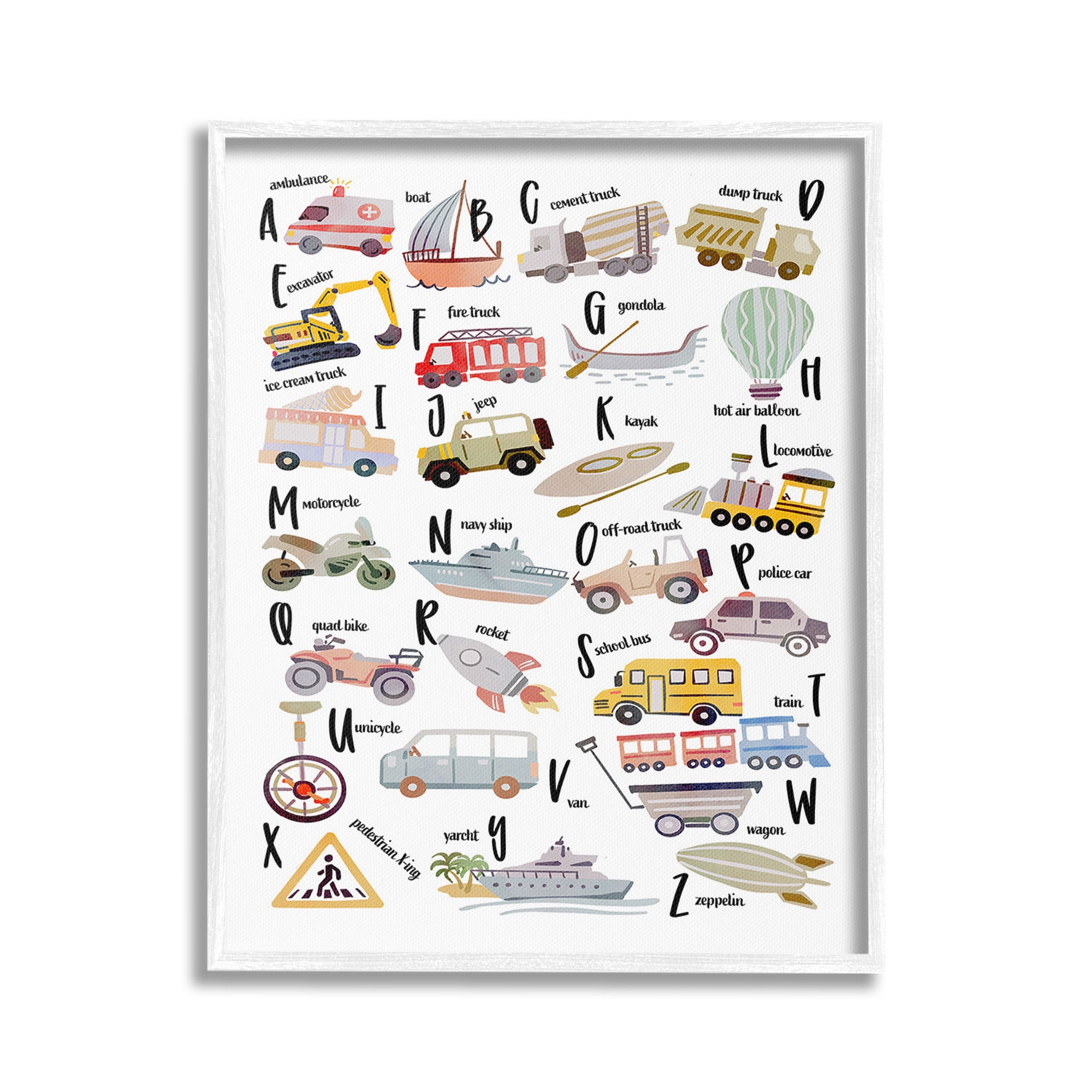 Stupell Industries Educational Automobile Alphabet Transportation Painting White Framed Art Print Wall Art, 24 x 30