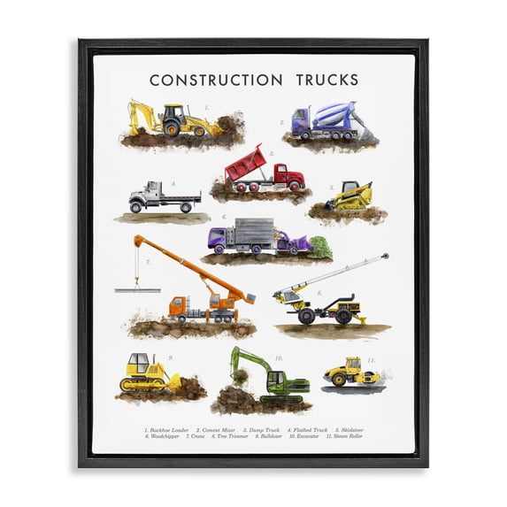 Stupell Industries Contemporary Educational Construction Trucks Black Floating Frame Canvas Art, 17 x 21, by Brett Blumenthal