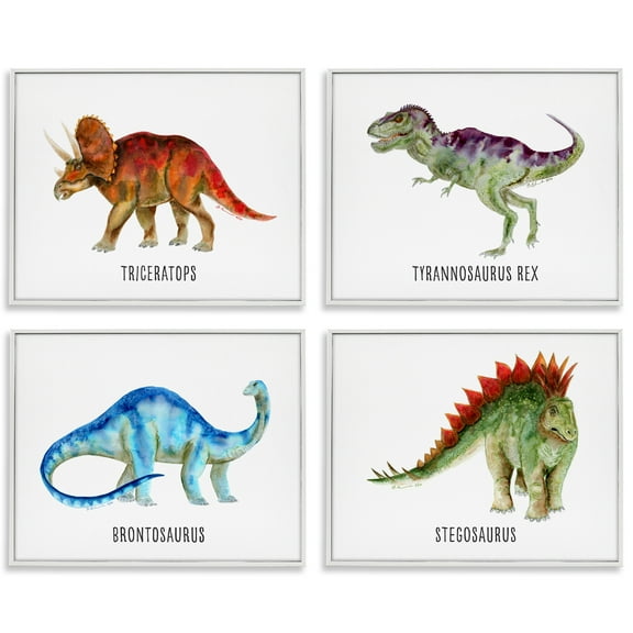 Stupell Industries Educational Dinosaur Types Animals Painting White Framed Art Print Wall Art, 20 x 16, Set of 4