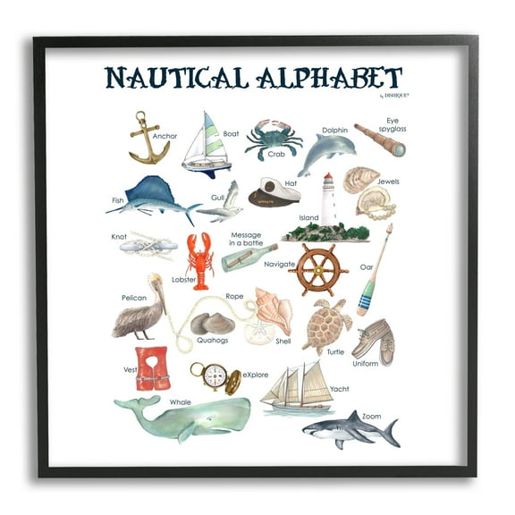 Stupell Industries Educational Nautical Alphabet Learning Chart Marine Wildlife Graphic Art Black Framed Art Print Wall Art, Design by Dishique