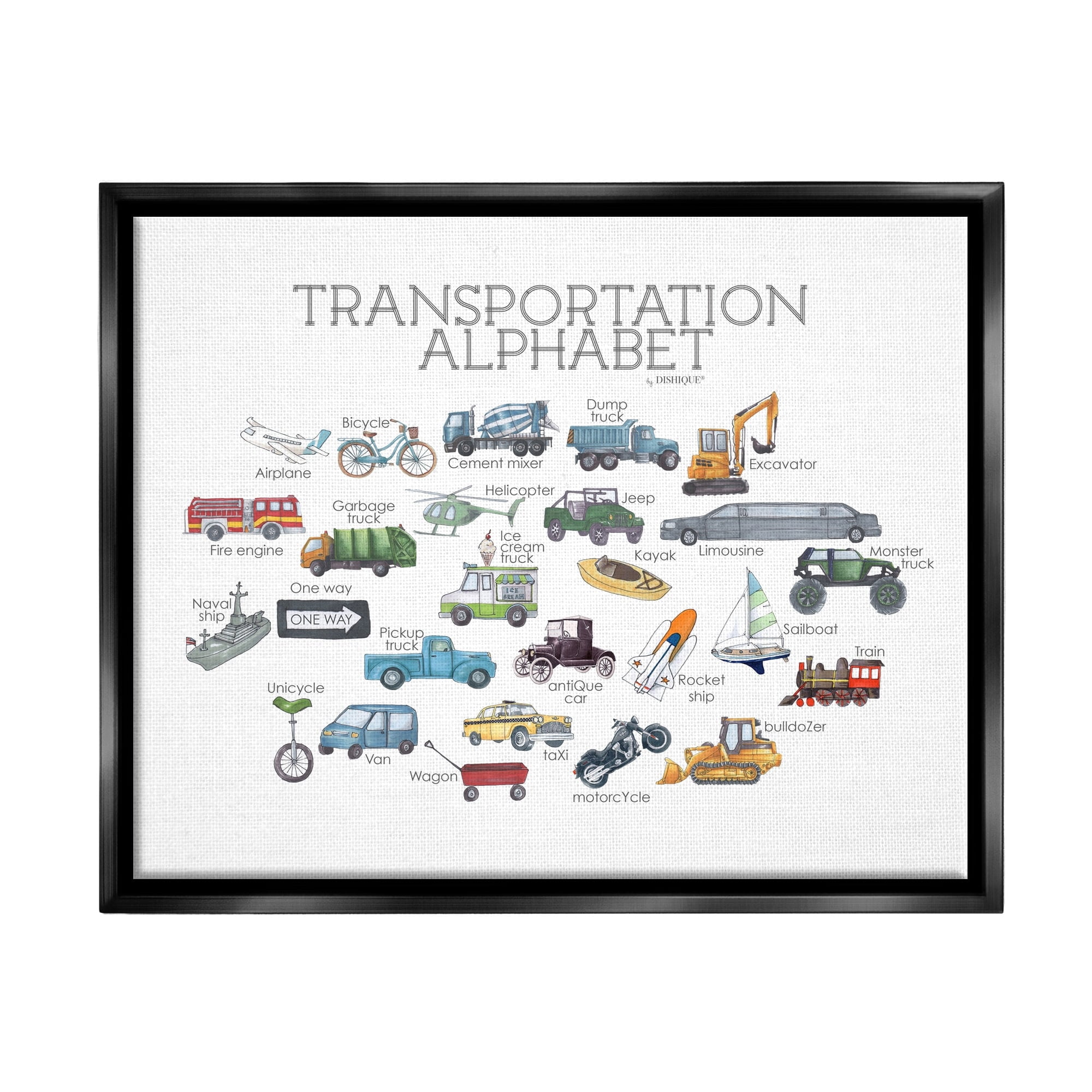Stupell Industries Educational Transportation Alphabet Kids Learning Vehicles Cars Graphic Art Jet Black Floating Framed Canvas Print Wall Art, Design by Dishique