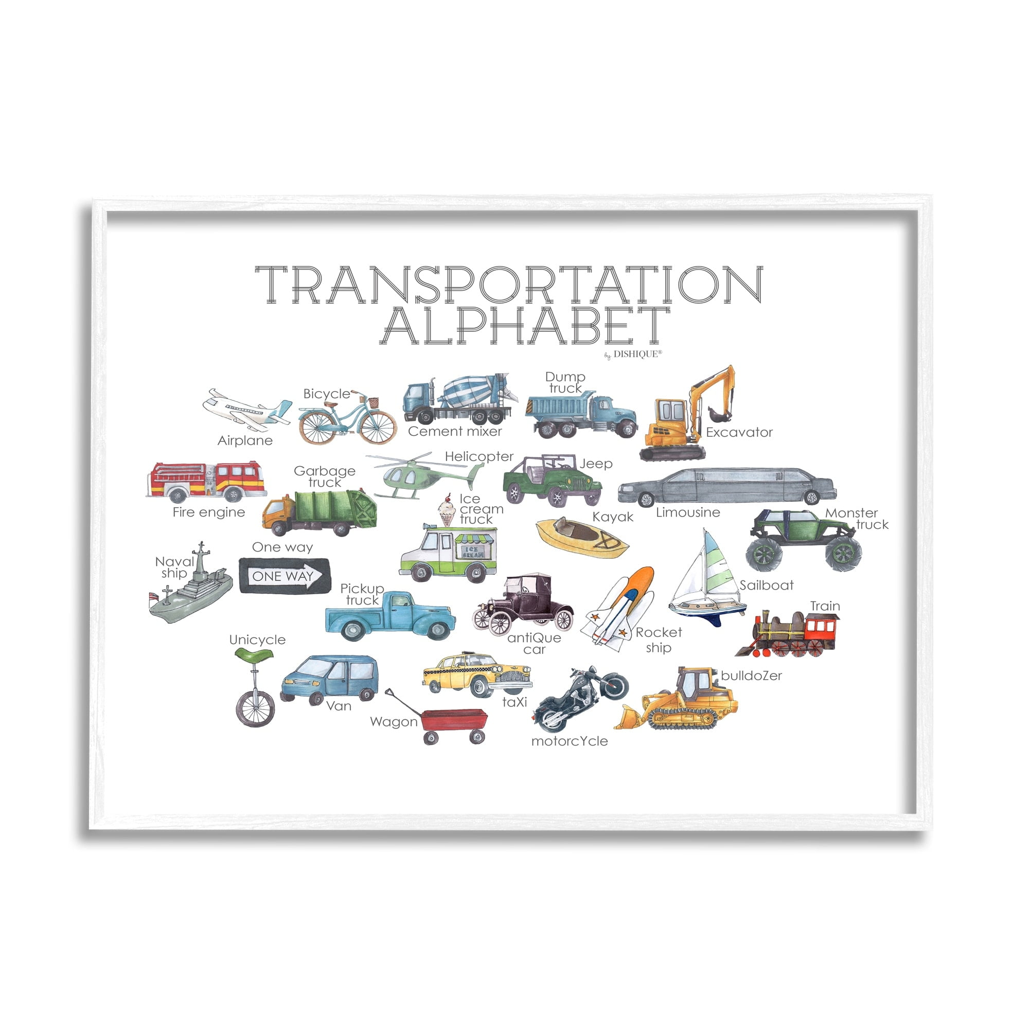 Stupell Industries Educational Transportation Alphabet Kids Learning Vehicles Cars Graphic Art White Framed Art Print Wall Art, Design by Dishique