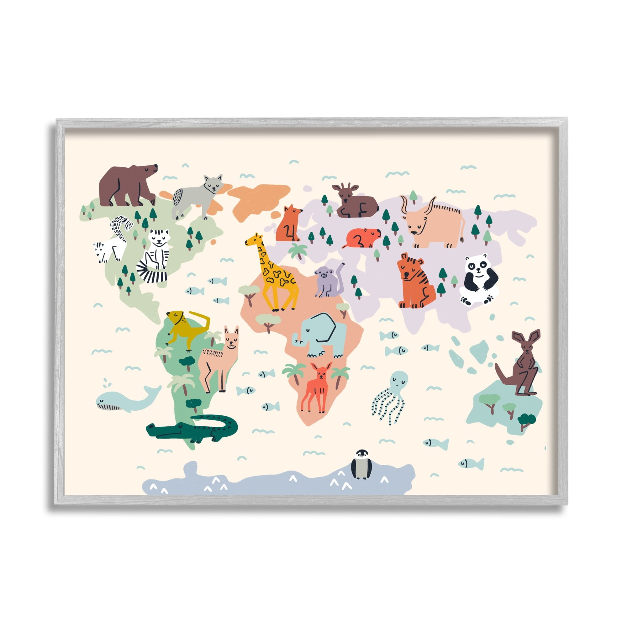 Stupell Industries Educational World Map Native Animals Wildlife Chart Graphic Art Gray Framed Art Print Wall Art, Design by Dominika Godette