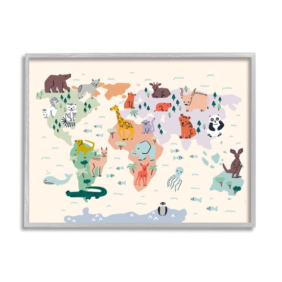 Stupell Industries Educational World Map Native Animals Wildlife Chart Graphic Art Gray Framed Art Print Wall Art, Design by Dominika Godette