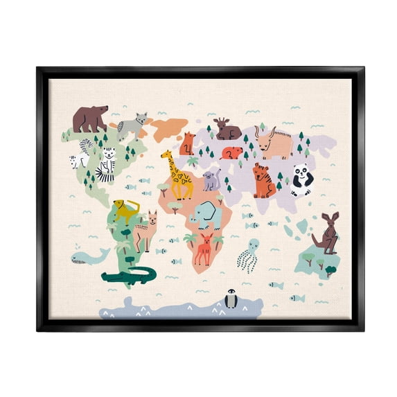 Stupell Industries Educational World Map Native Animals Wildlife Chart Graphic Art Jet Black Floating Framed Canvas Print Wall Art, Design by Dominika Godette