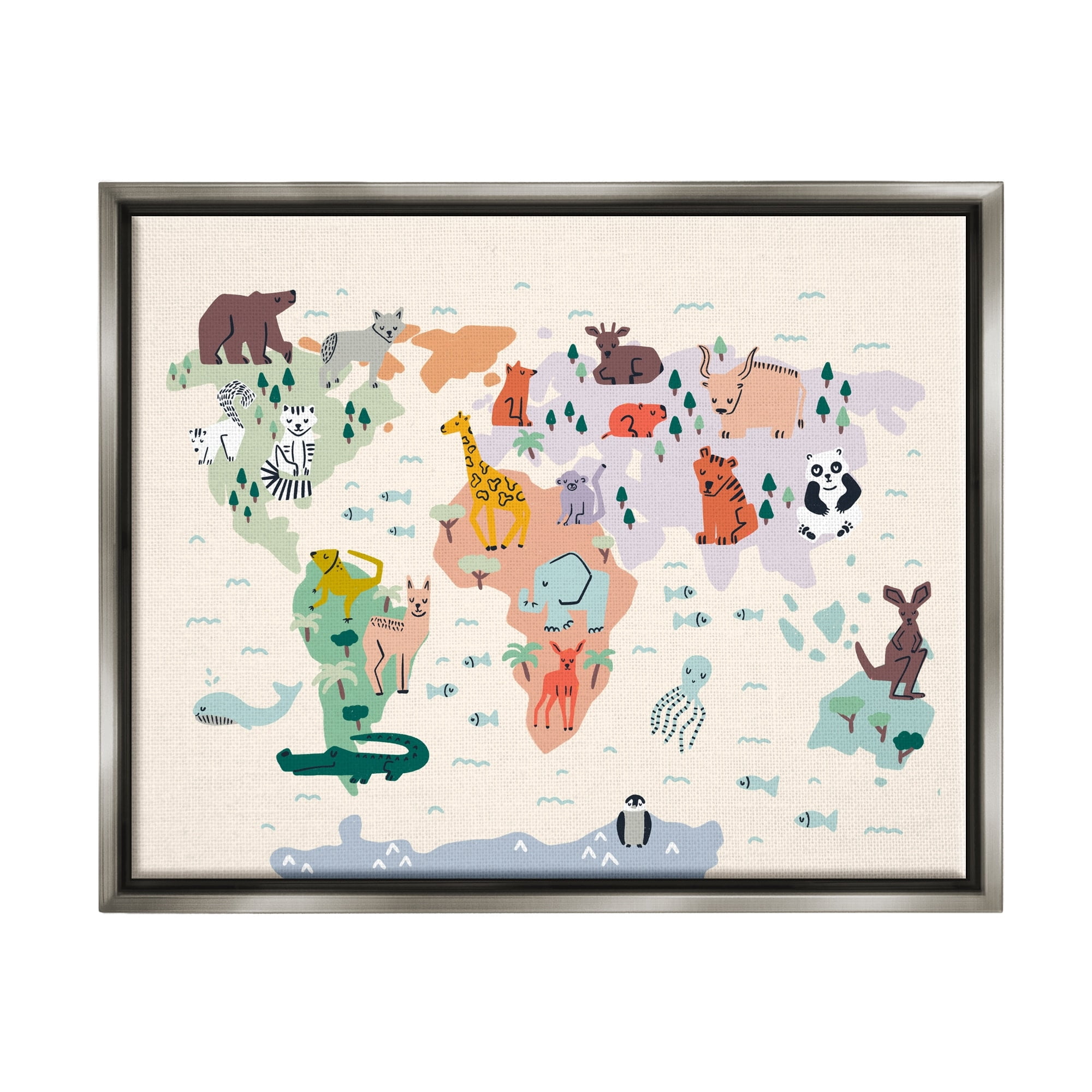 Stupell Industries Educational World Map Native Animals Wildlife Chart Graphic Art Luster Gray Floating Framed Canvas Print Wall Art, Design by Dominika Godette