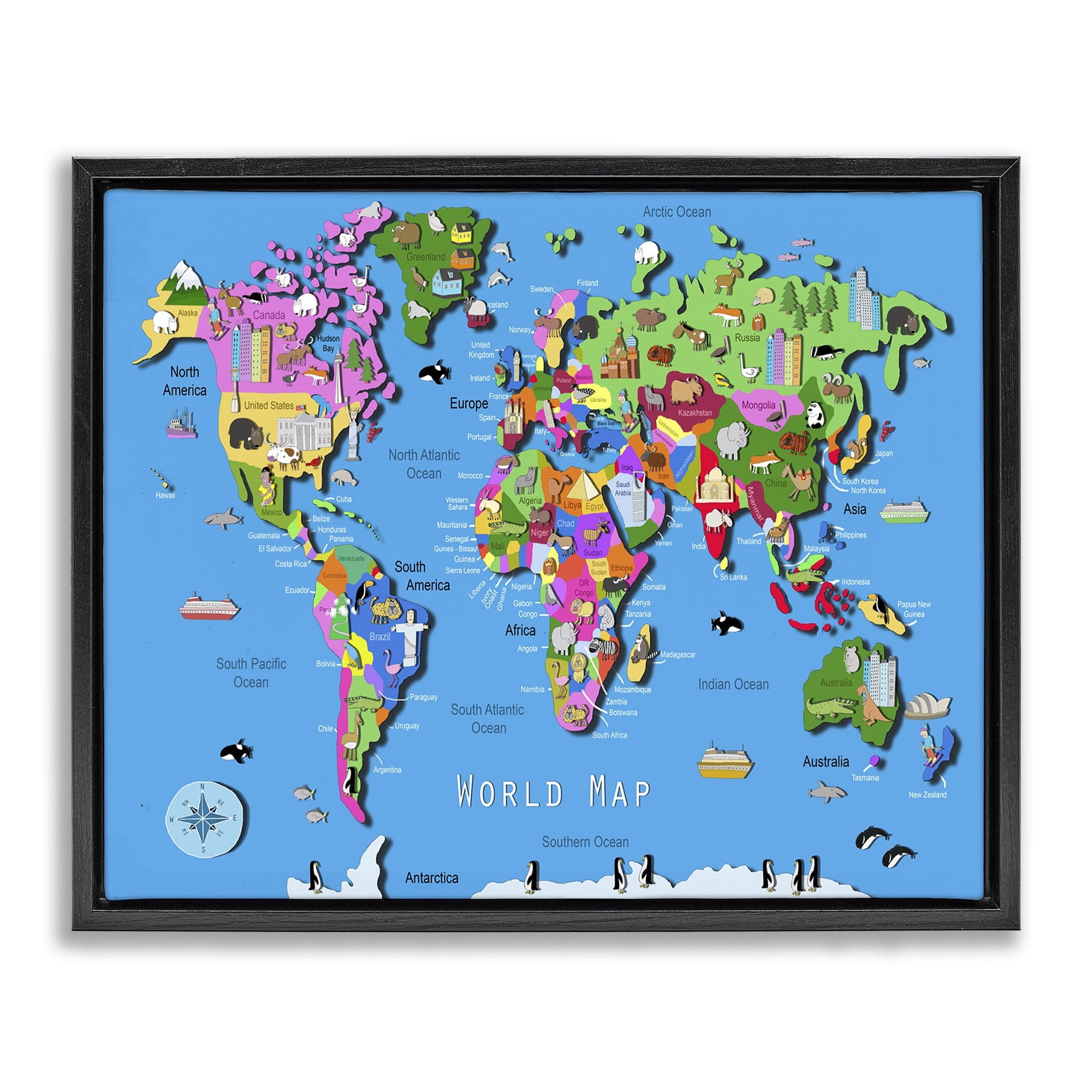 Stupell Industries Educational World Map Town & City Painting Black Floater Framed Art Print Wall Art, 21 x 17