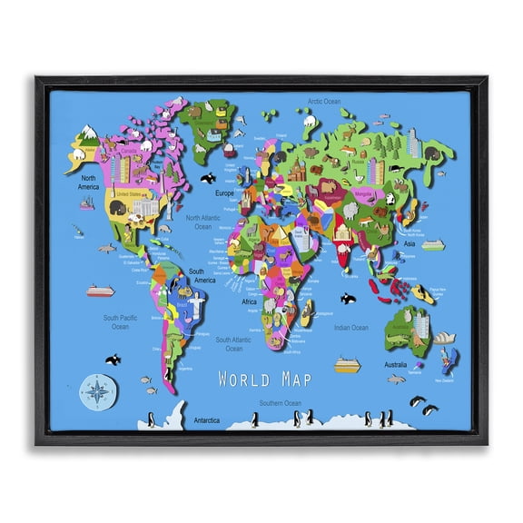 Stupell Industries Educational World Map Town & City Painting Black Floater Framed Art Print Wall Art, 31 x 25