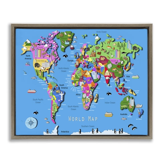 Stupell Industries Educational World Map Town & City Painting Brown Floater Framed Art Print Wall Art, 21 x 17