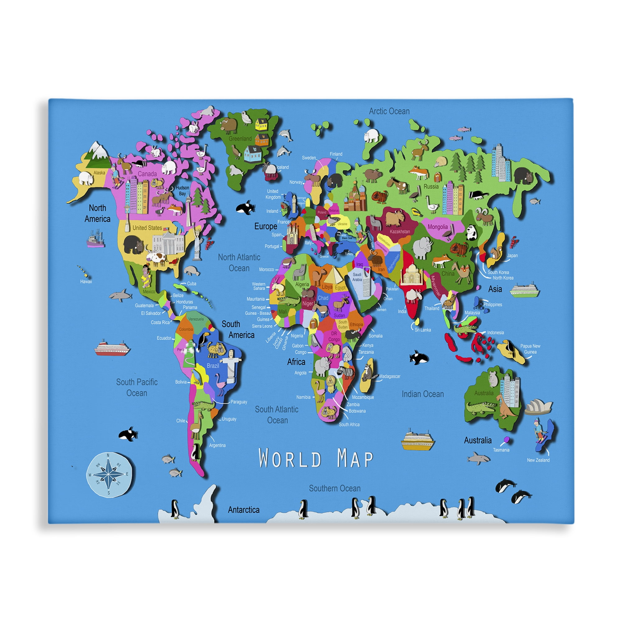 Stupell Industries Educational World Map Town & City Painting Gallery Wrapped Canvas Art Print Wall Art, 20 x 16