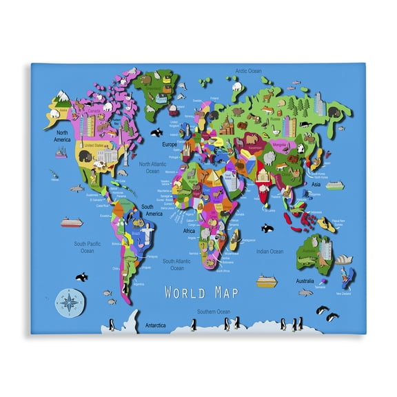 Stupell Industries Educational World Map Town & City Painting Gallery Wrapped Canvas Art Print Wall Art, 20 x 16