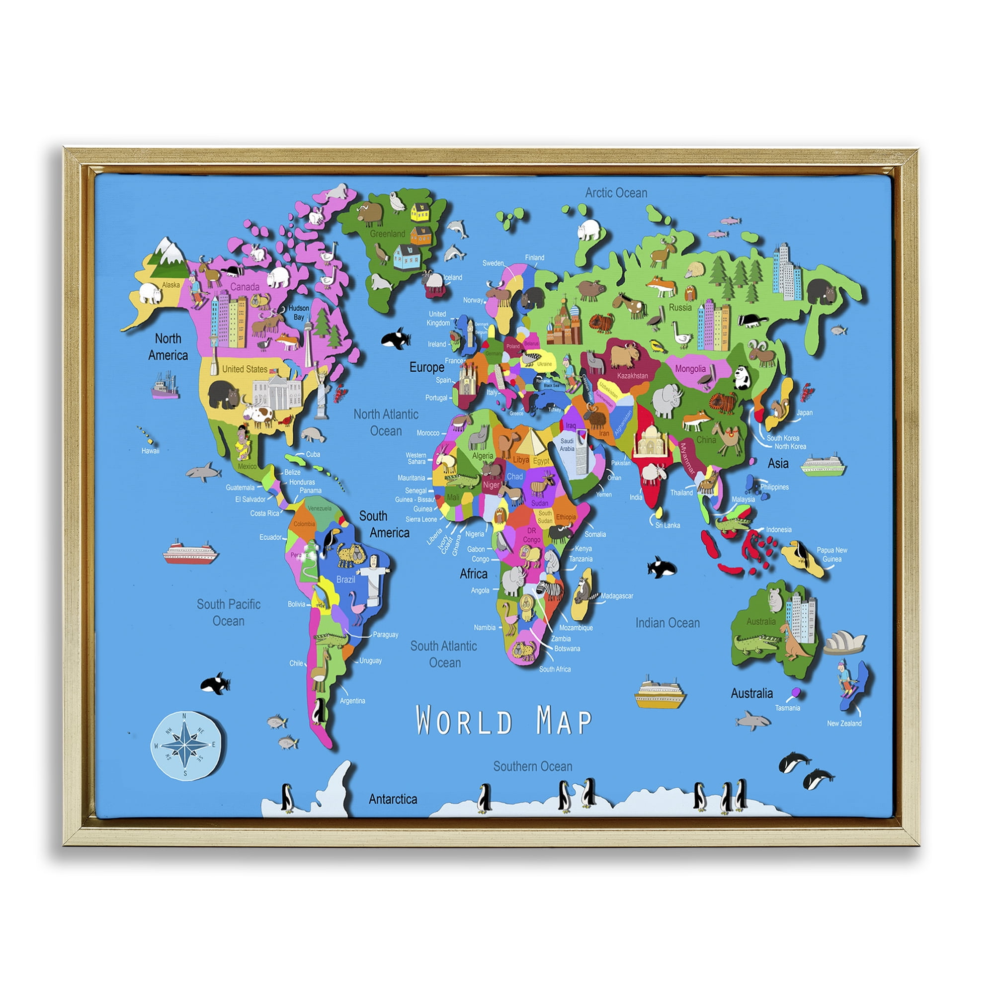 Stupell Industries Educational World Map Town & City Painting Gold Floater Framed Art Print Wall Art, 31 x 25