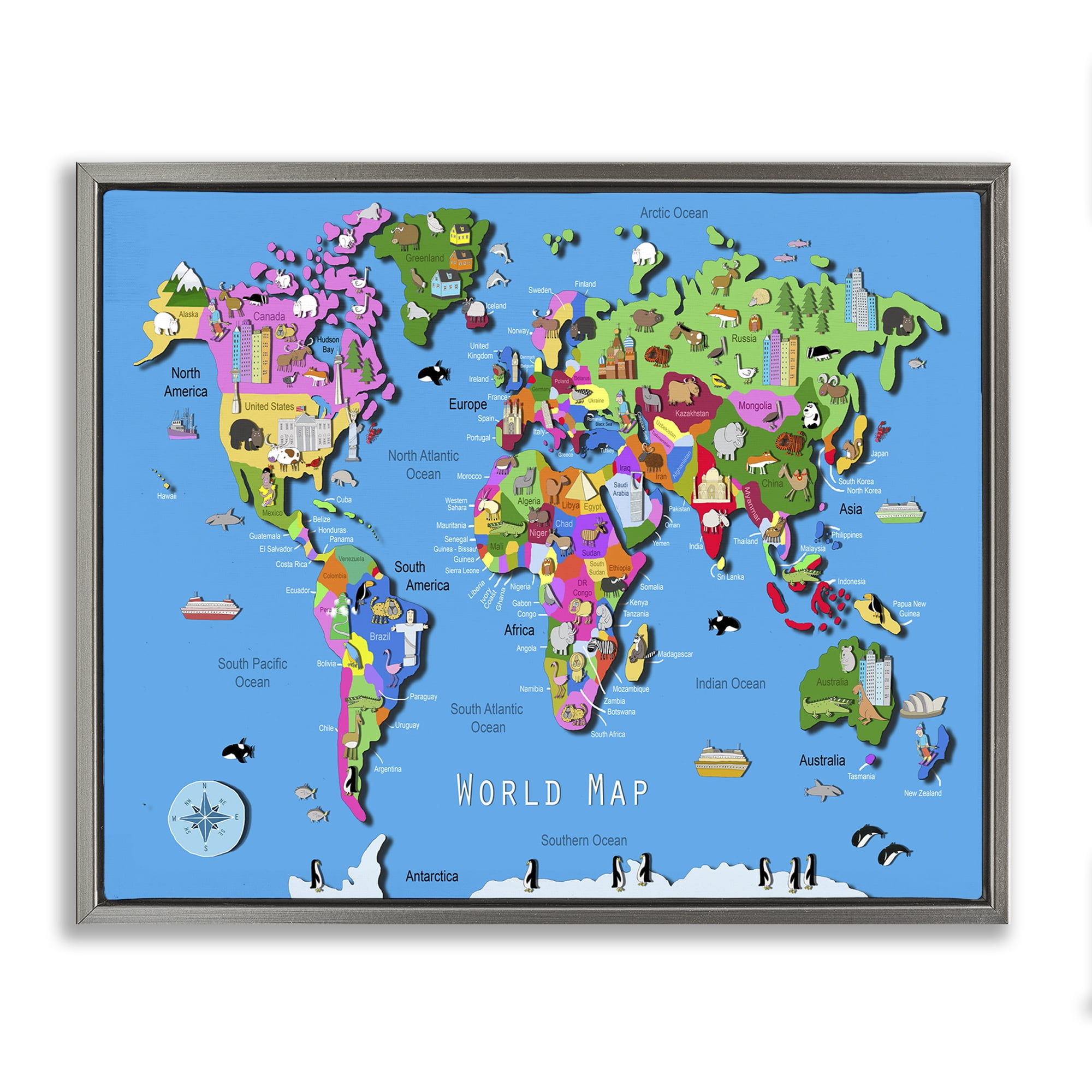 Stupell Industries Educational World Map Town & City Painting Gray Floater Framed Art Print Wall Art, 21 x 17