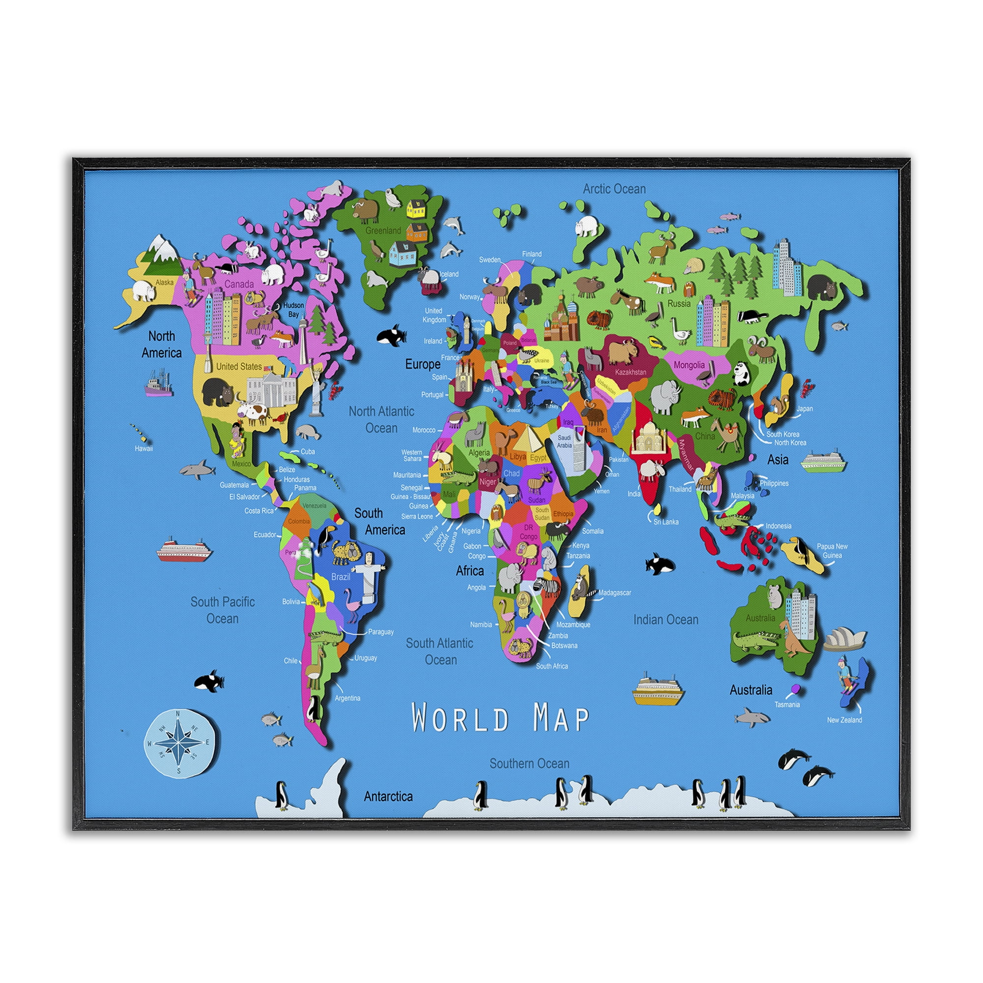 Stupell Industries Educational World Map Travel & Places Painting Black Framed Art Print Wall Art, 20 x 16
