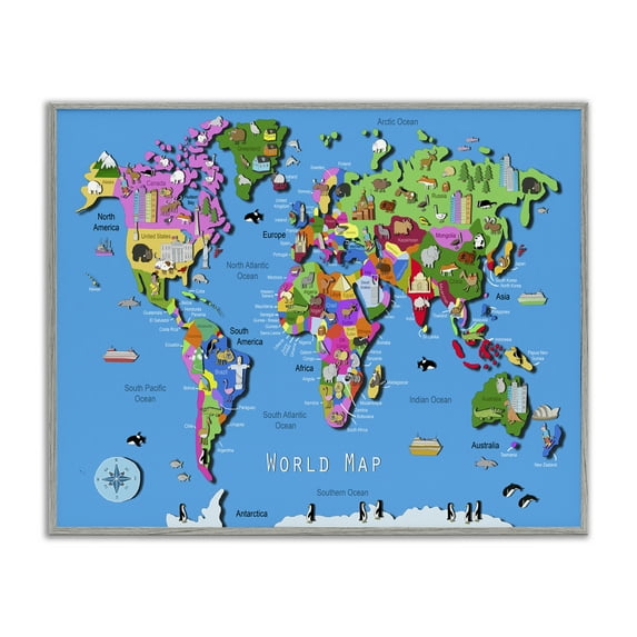 Stupell Industries Educational World Map Travel & Places Painting Gray Framed Art Print Wall Art, 30 x 24