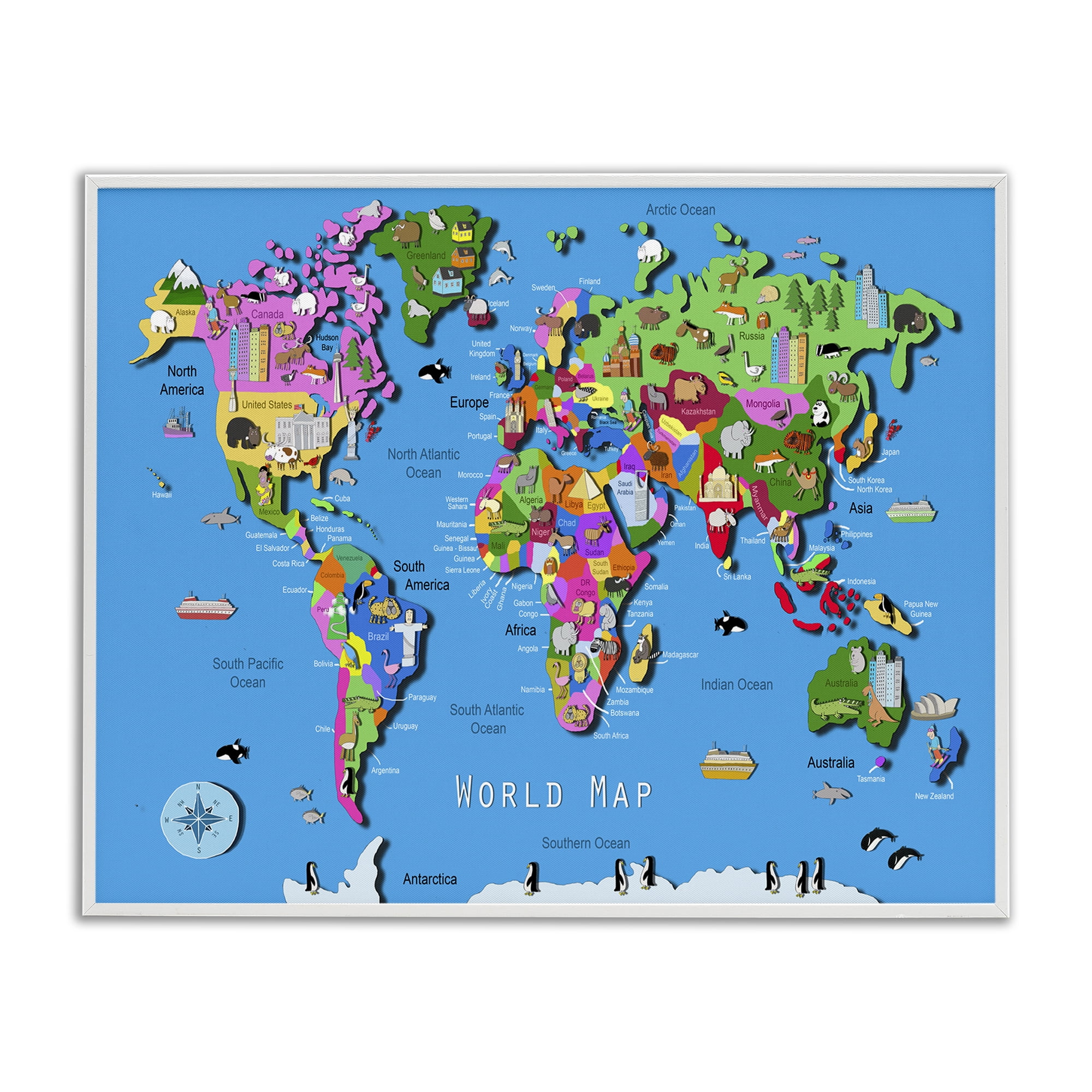 Stupell Industries Educational World Map Travel & Places Painting White Framed Art Print Wall Art, 14 x 11