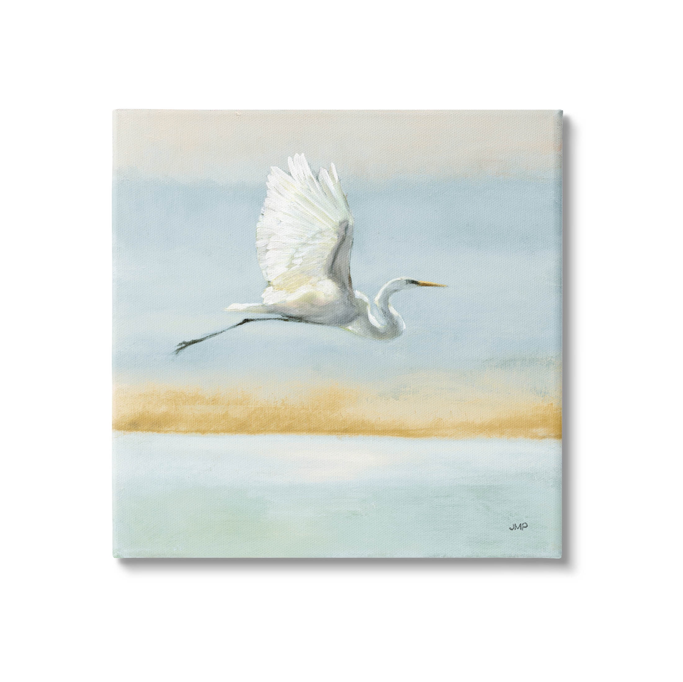 Egret Bird Flying Over Ocean Canvas Wall Art, 17 x 17