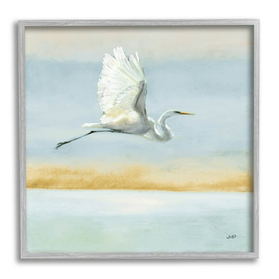 Stupell Industries Egret Bird Flying Ocean Breeze Painting Gray Framed Art Print Wall Art, Design by Julia Purinton