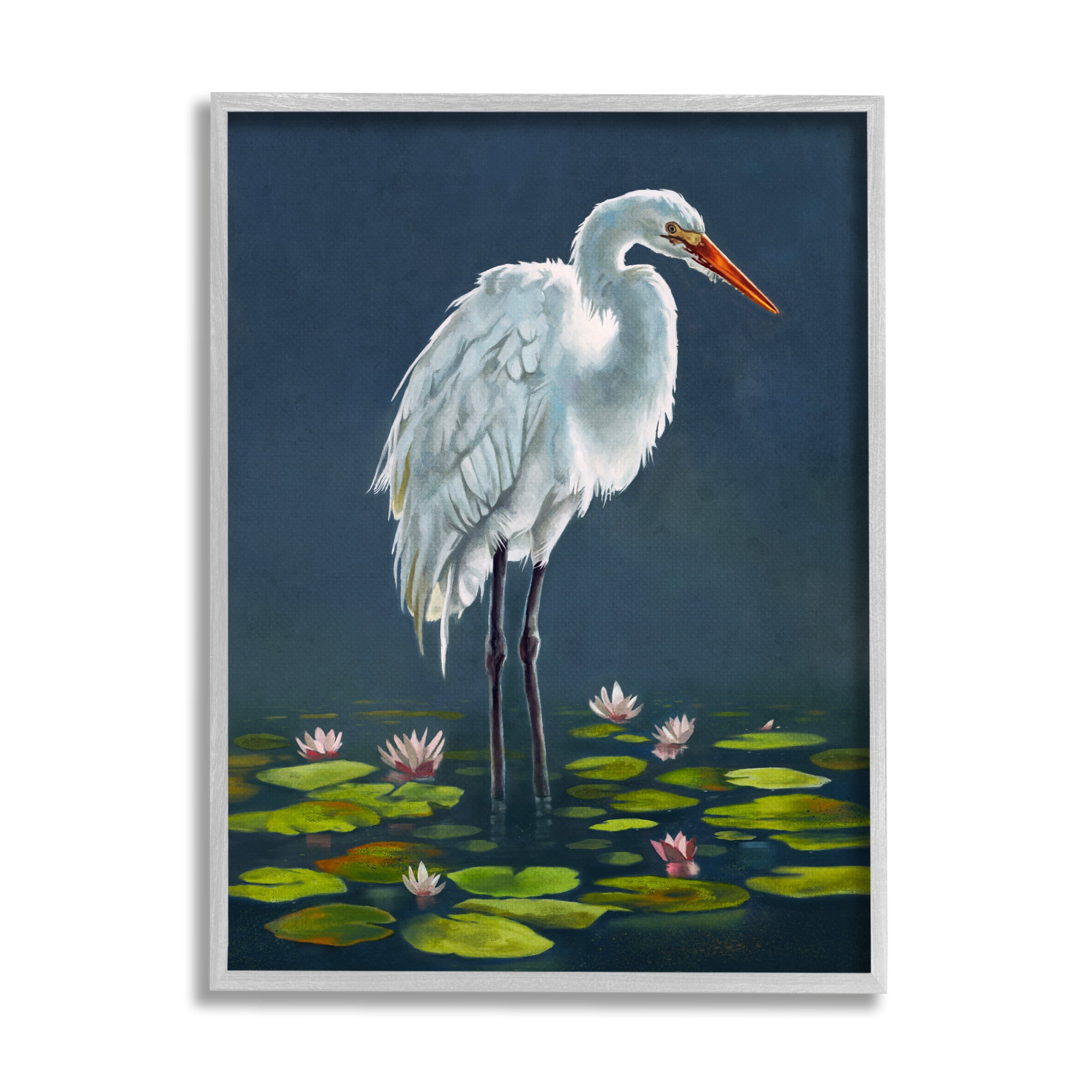 Stupell Industries Egret Bird Standing Lily Pad Pond Deep Blue, 11 x 14, Design by Lucca Sheppard