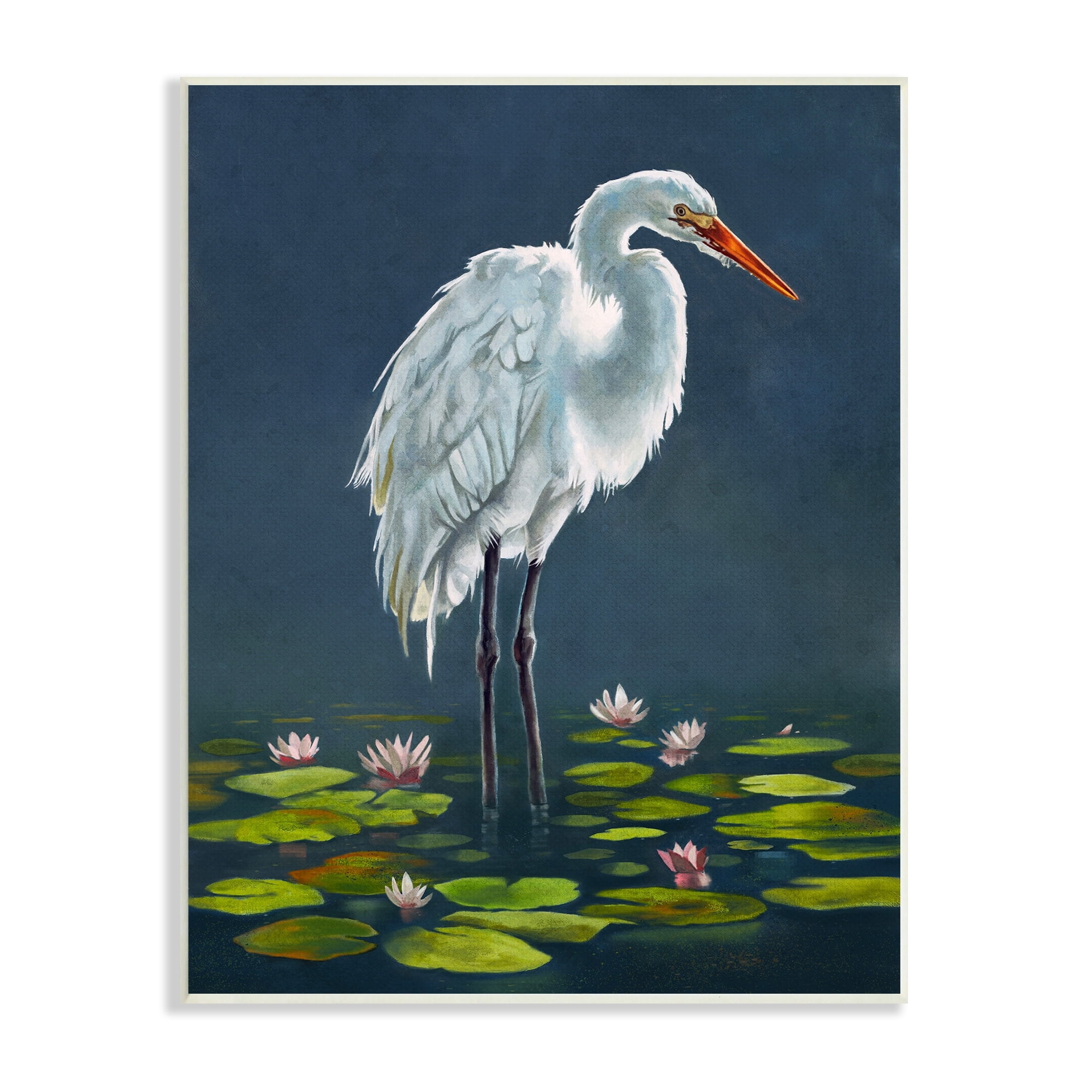 Stupell Industries Egret Bird Standing Lily Pad Pond Deep Blue, 13 x 19, Design by Lucca Sheppard