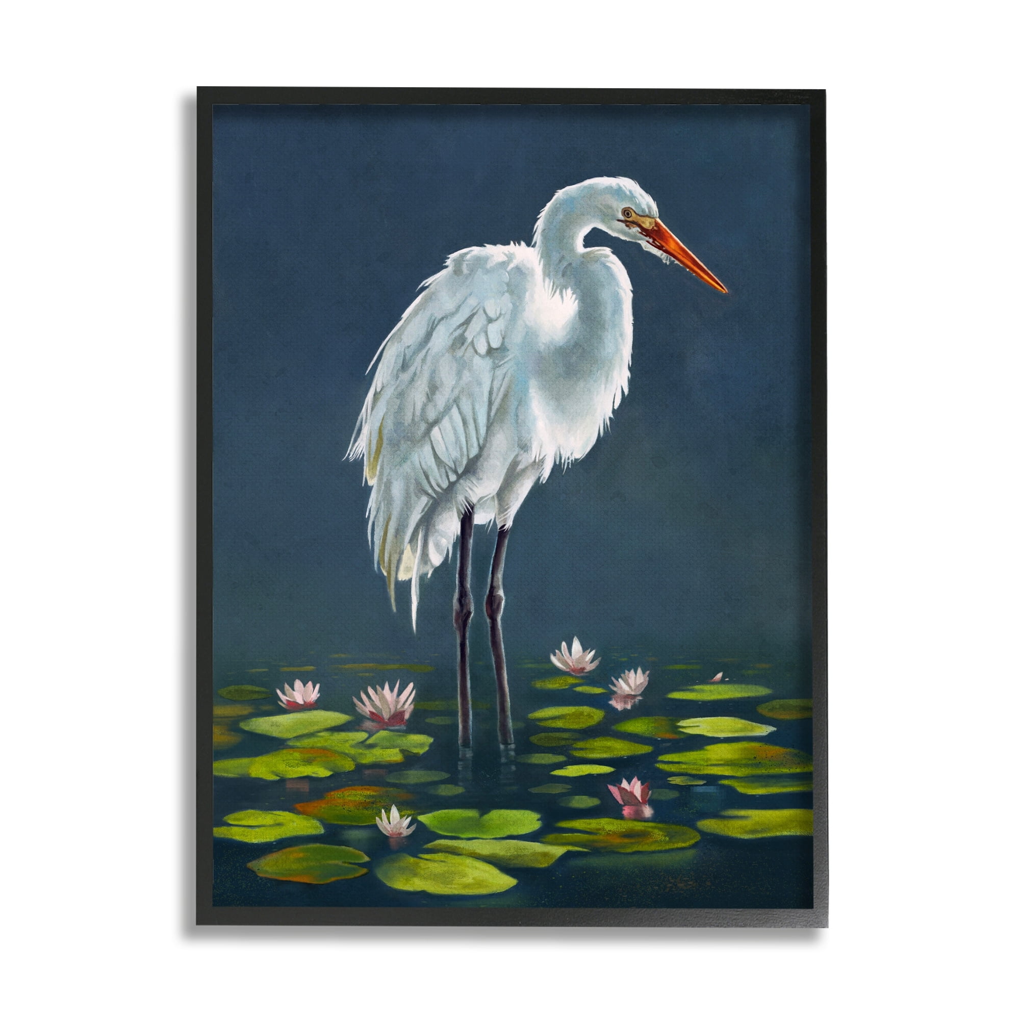 Stupell Industries Egret Bird Standing Lily Pad Pond Deep Blue, 24 x 30, Design by Lucca Sheppard