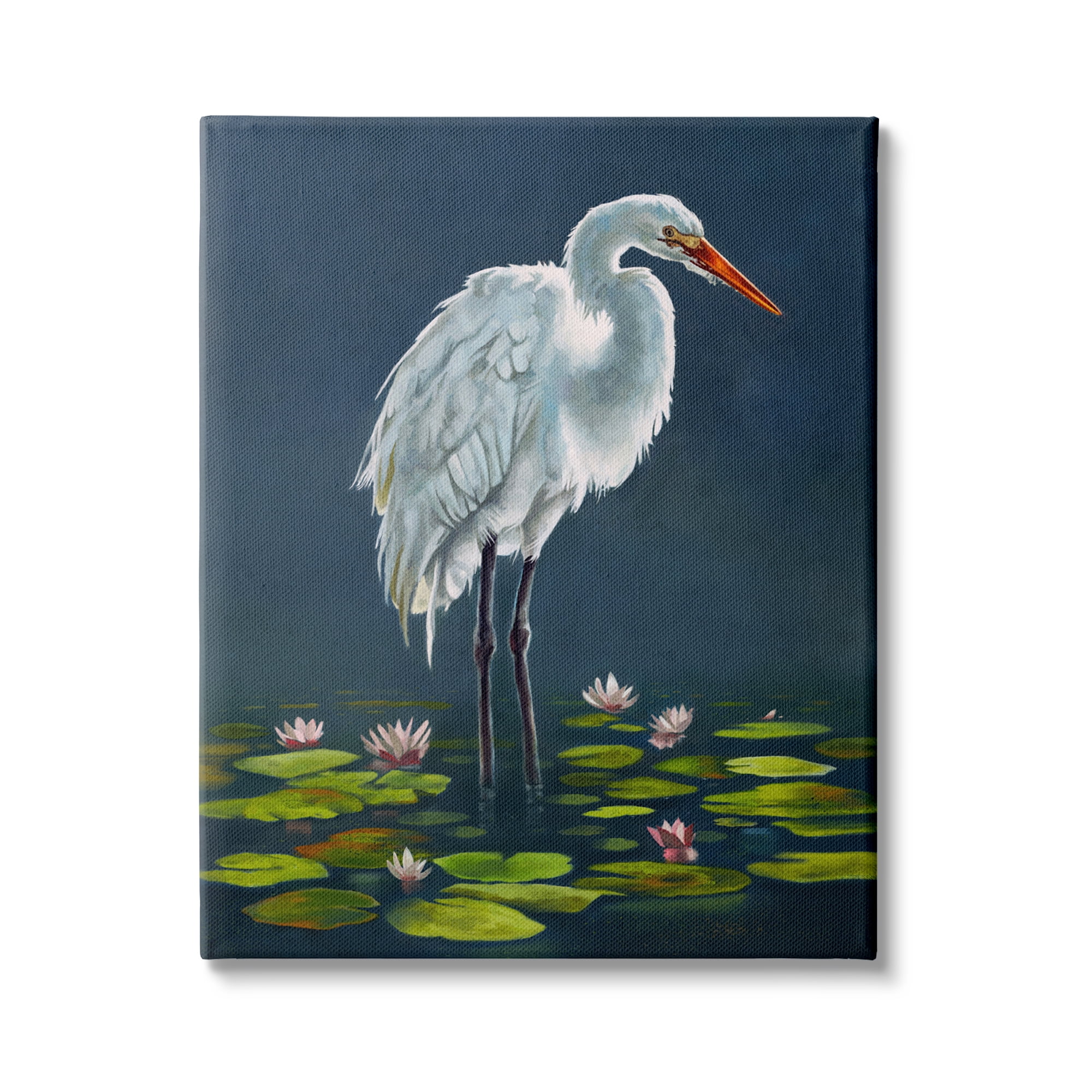 Stupell Industries Egret Bird Standing Lily Pad Pond Deep Blue, 30 x 40, Design by Lucca Sheppard
