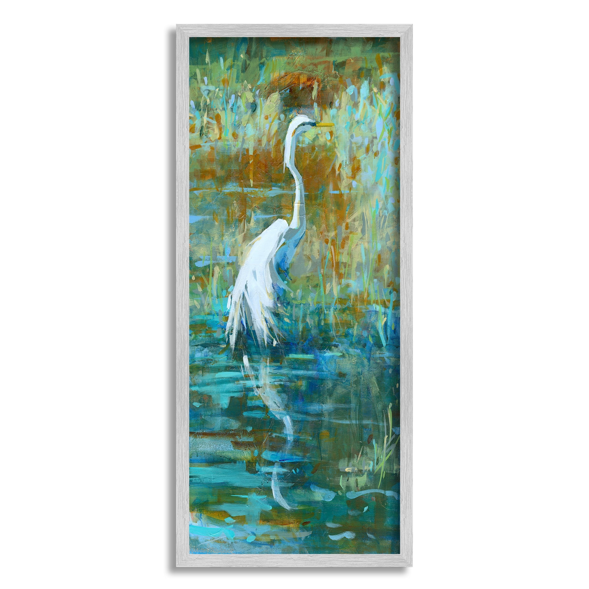 Stupell Industries Egret Bird Swimming Pond Nature Coastal Painting Gray Framed Art Print Wall Art