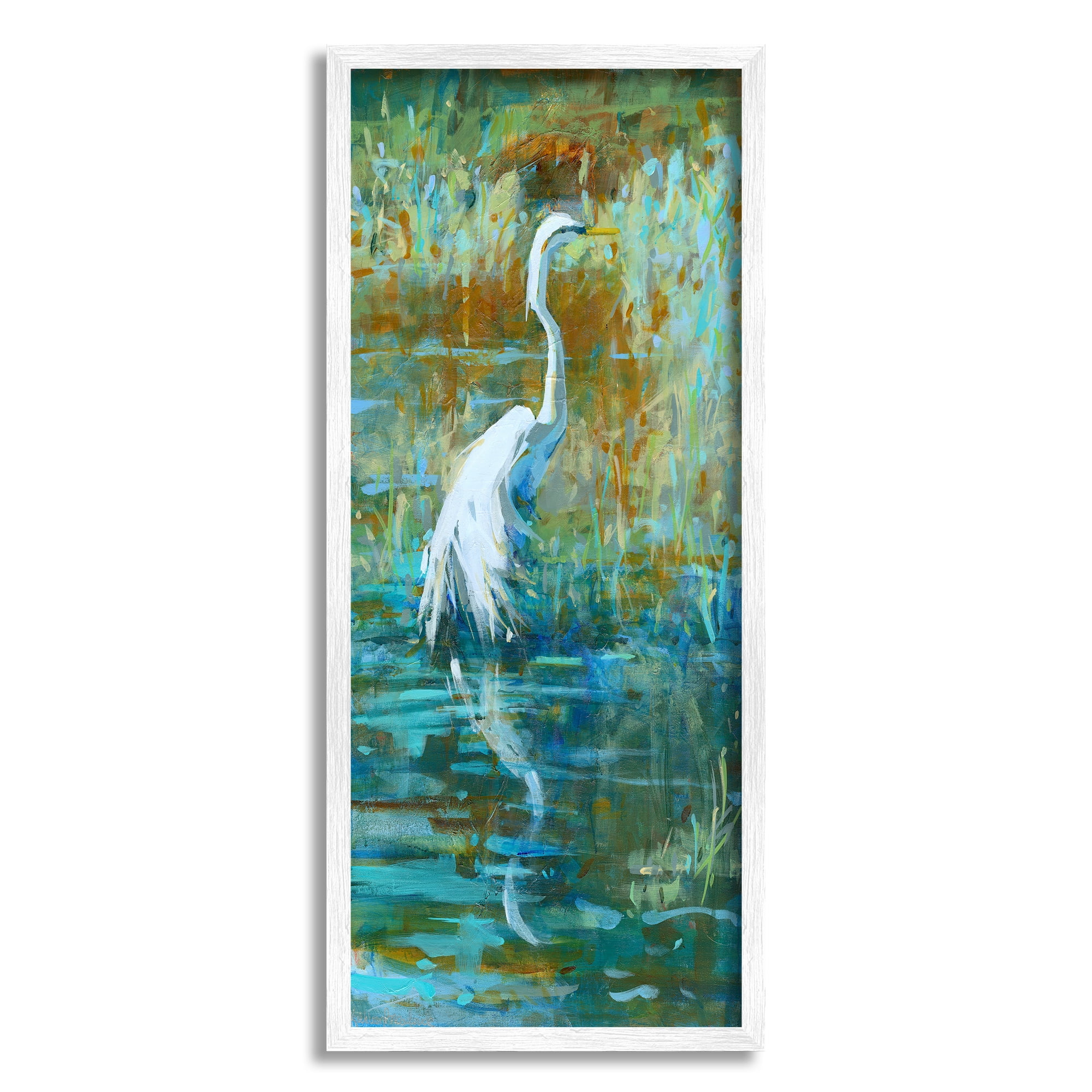 Stupell Industries Egret Bird Swimming Pond Nature Coastal Painting White Framed Art Print Wall Art