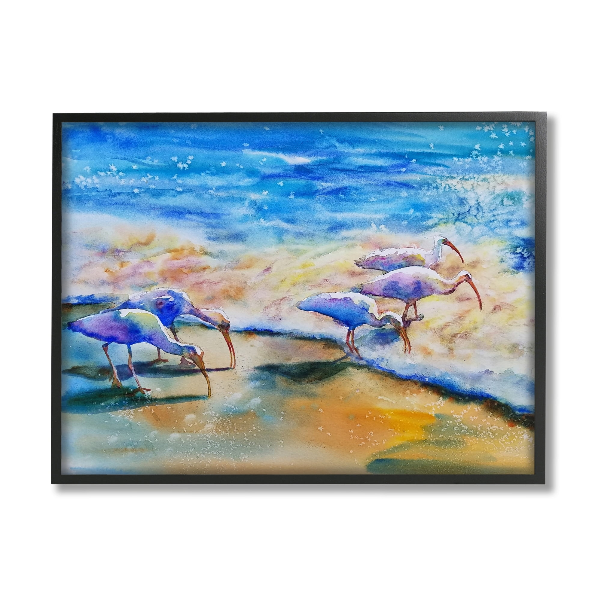 Stupell Industries Egret Birds Walking Ocean Shore Splashing Water Paintings Black Framed Art Print Wall Art, 14x11, by MB Cunningham