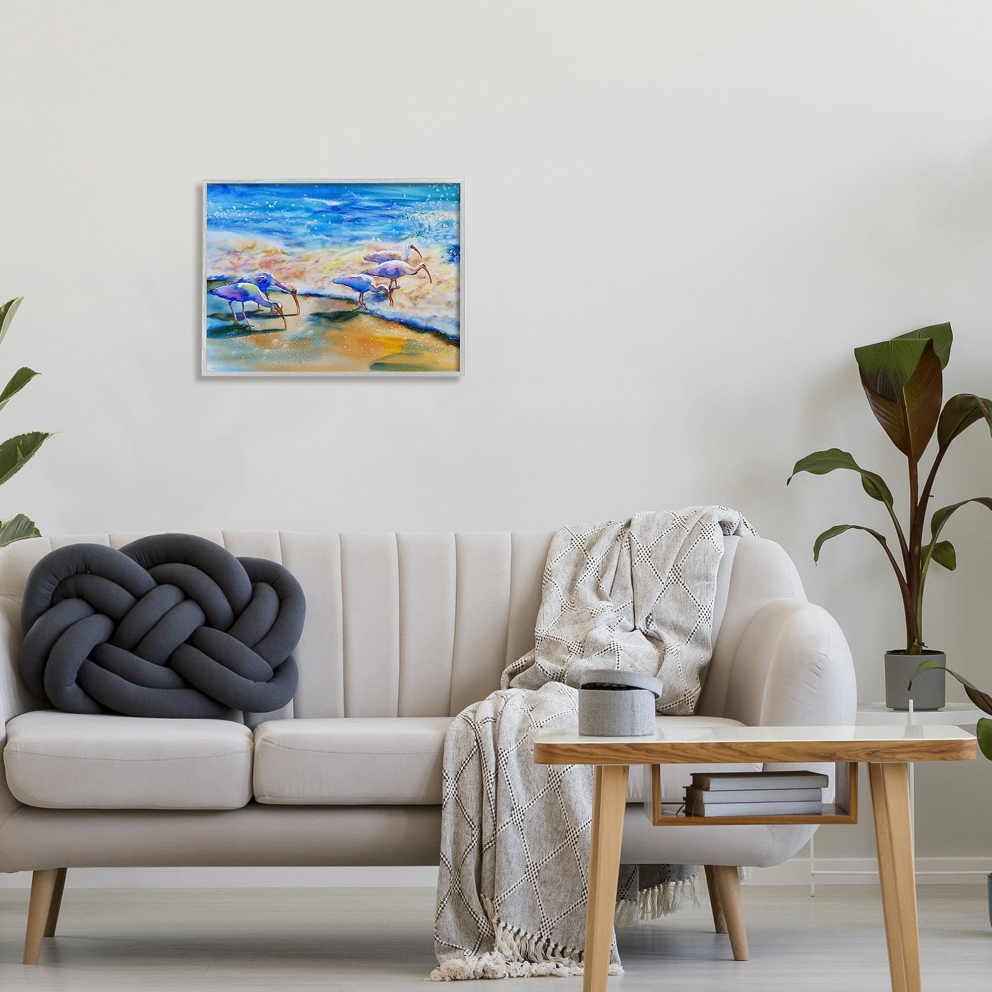 Stupell Industries Egret Birds Walking Ocean Shore Splashing Water Paintings Gray Framed Art Print Wall Art, 20x16, by MB Cunningham
