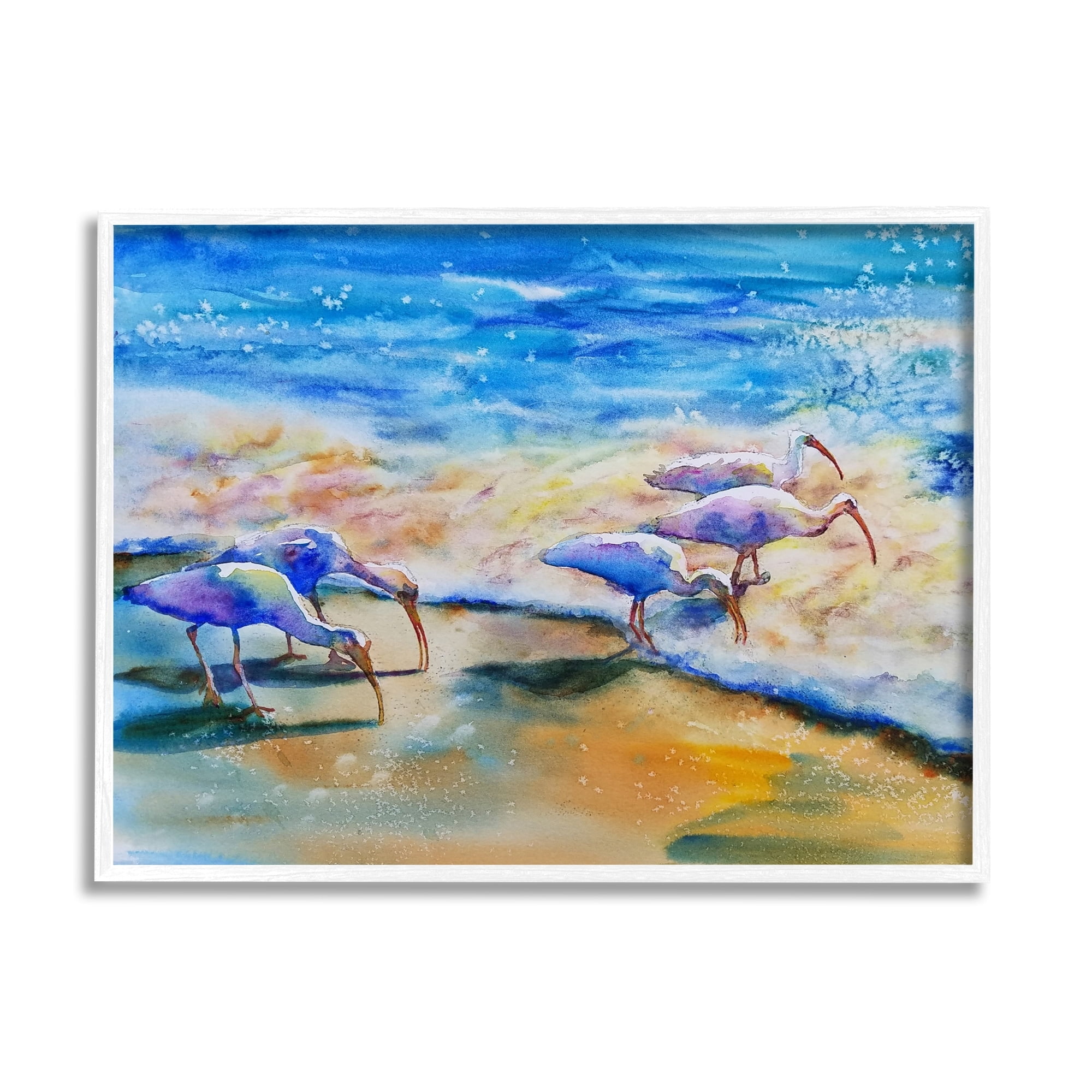 Stupell Industries Egret Birds Walking Ocean Shore Splashing Water Paintings White Framed Art Print Wall Art, 14x11, by MB Cunningham