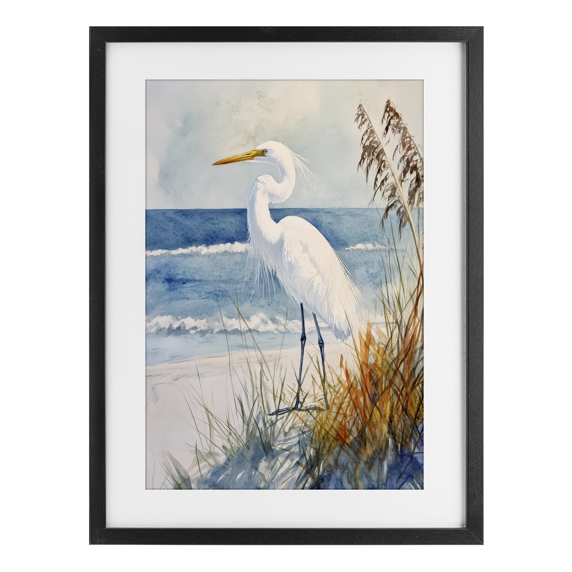 Stupell Industries Egret By The Waves Black Framed Print Under Glass, design by Petal Prints Design