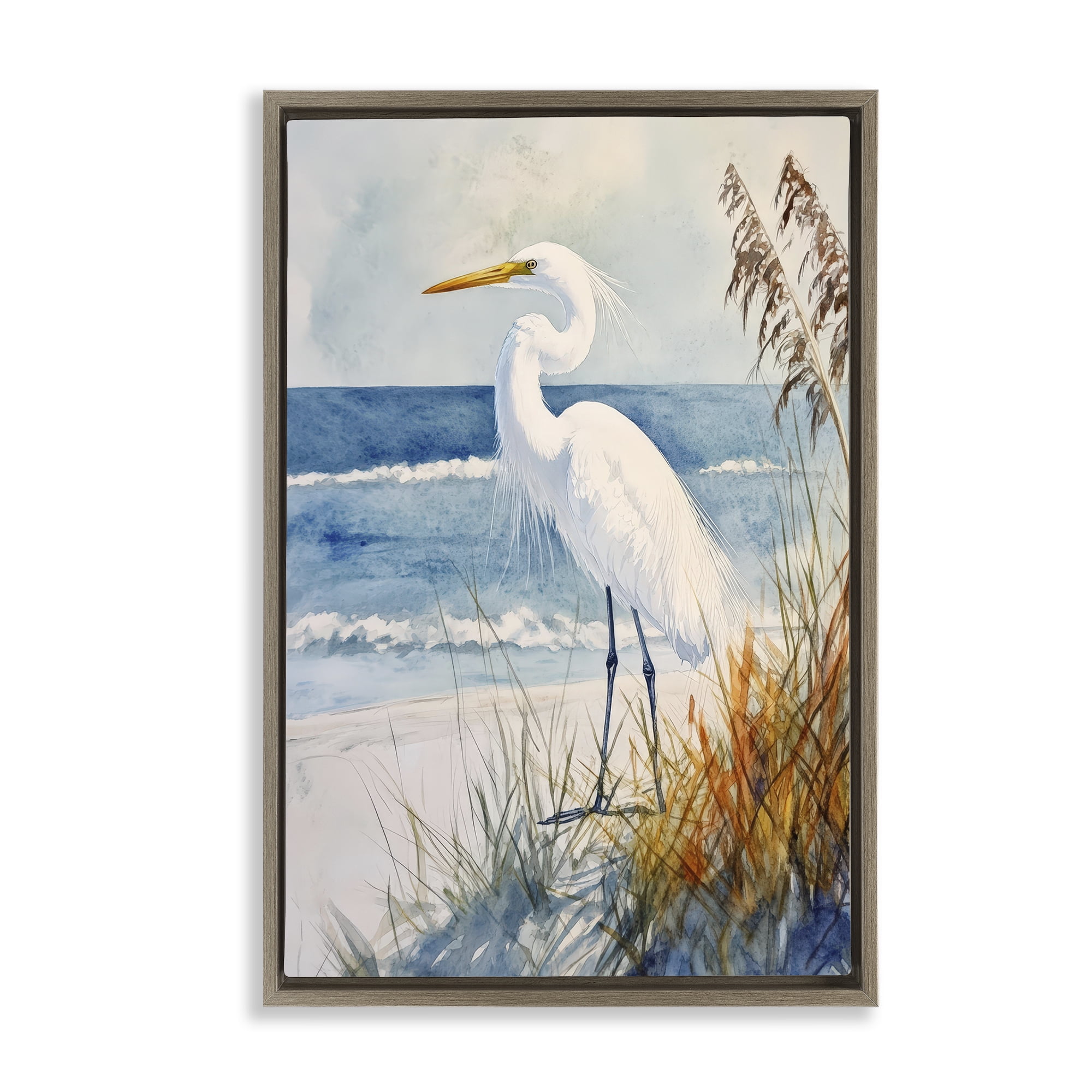 Stupell Industries Egret By The Waves Brown Framed Floater Canvas Wall Art, design by Petal Prints Design