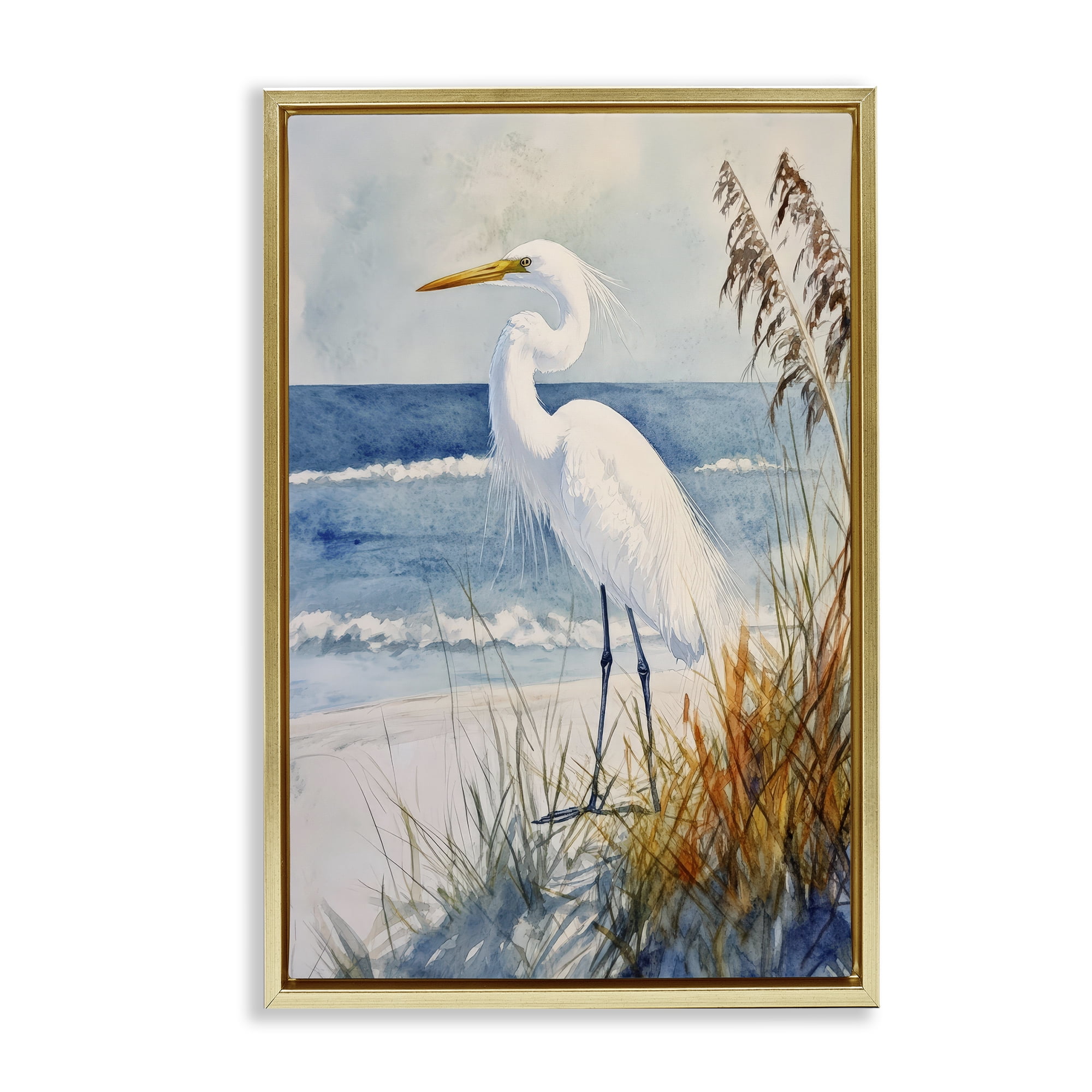 Stupell Industries Egret By The Waves Gold Framed Floater Canvas Wall Art, design by Petal Prints Design