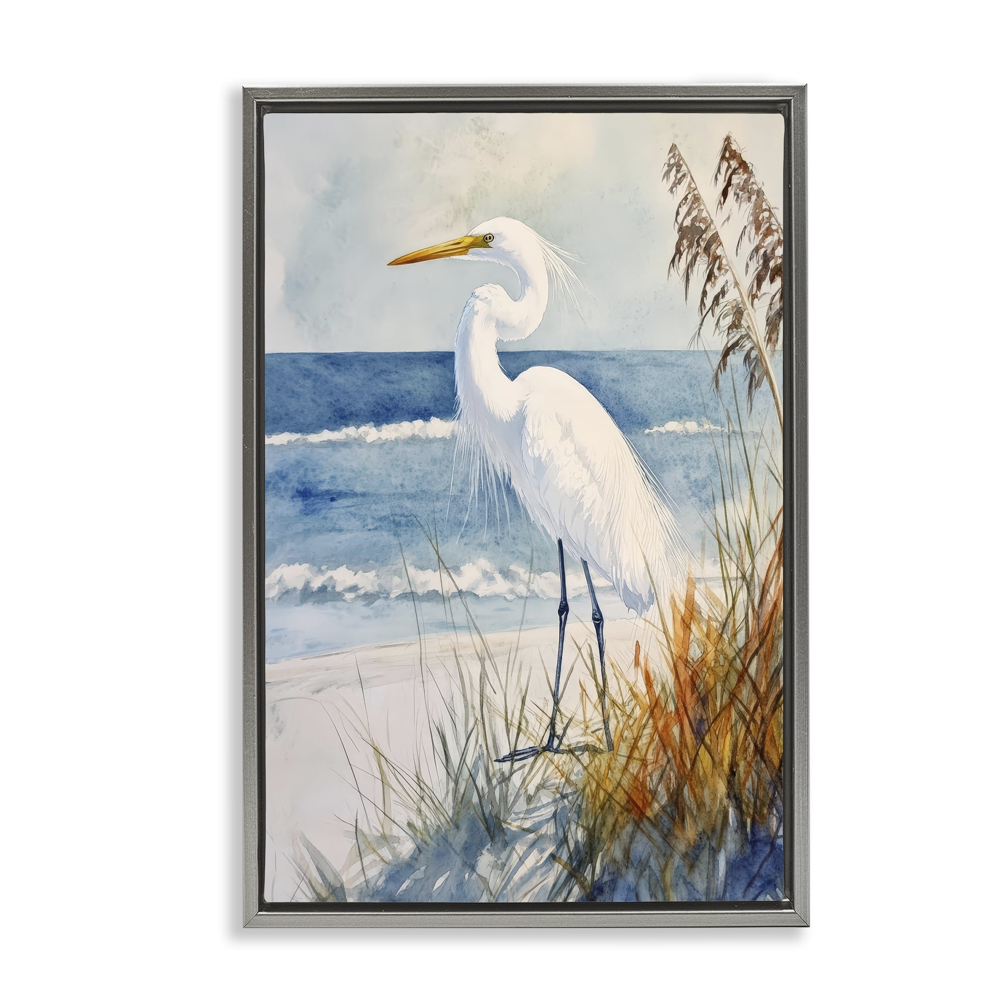 Stupell Industries Egret By The Waves Gray Framed Floater Canvas Wall Art, design by Petal Prints Design