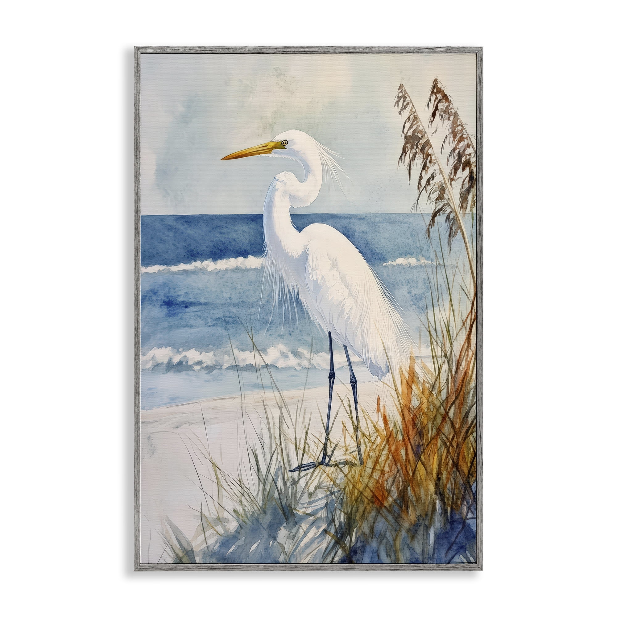 Stupell Industries Egret By The Waves Gray Framed Giclee Art, design by Petal Prints Design