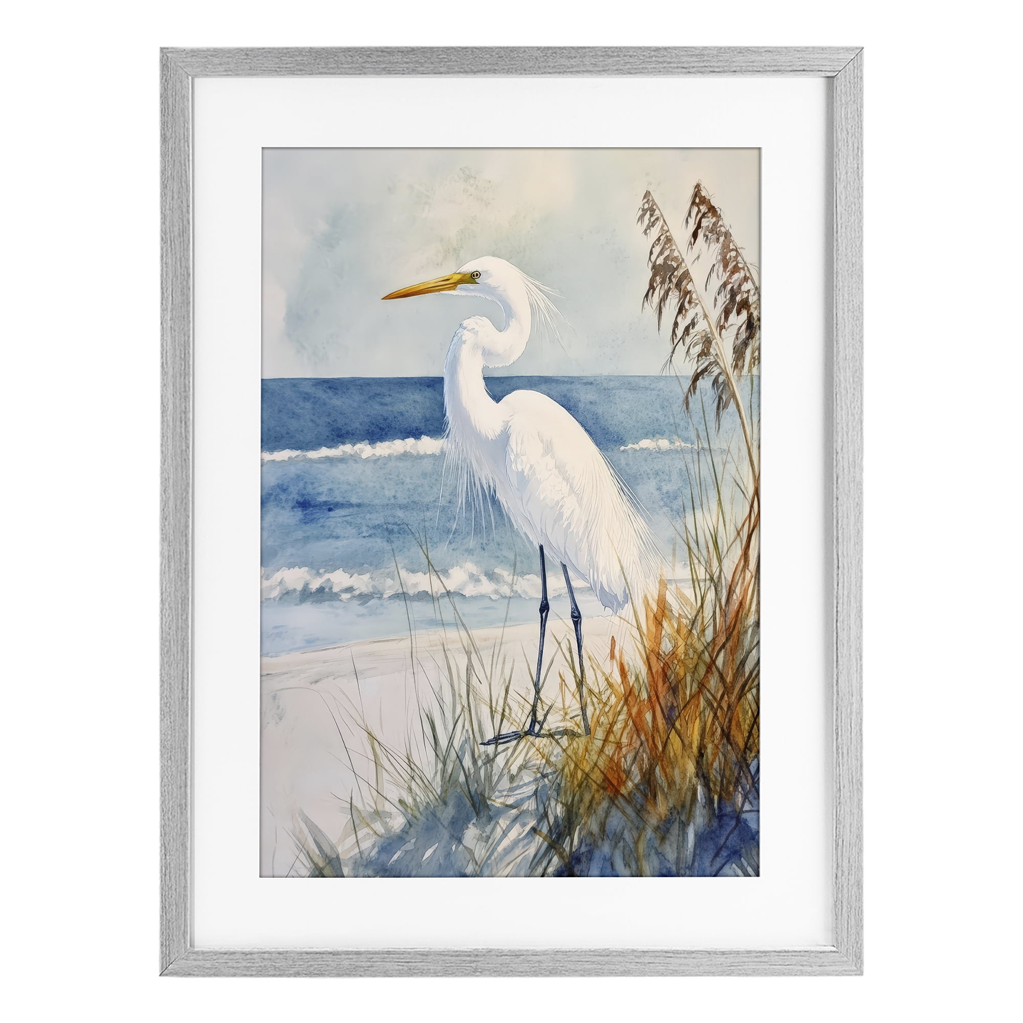 Stupell Industries Egret By The Waves Gray Framed Print Under Glass, design by Petal Prints Design
