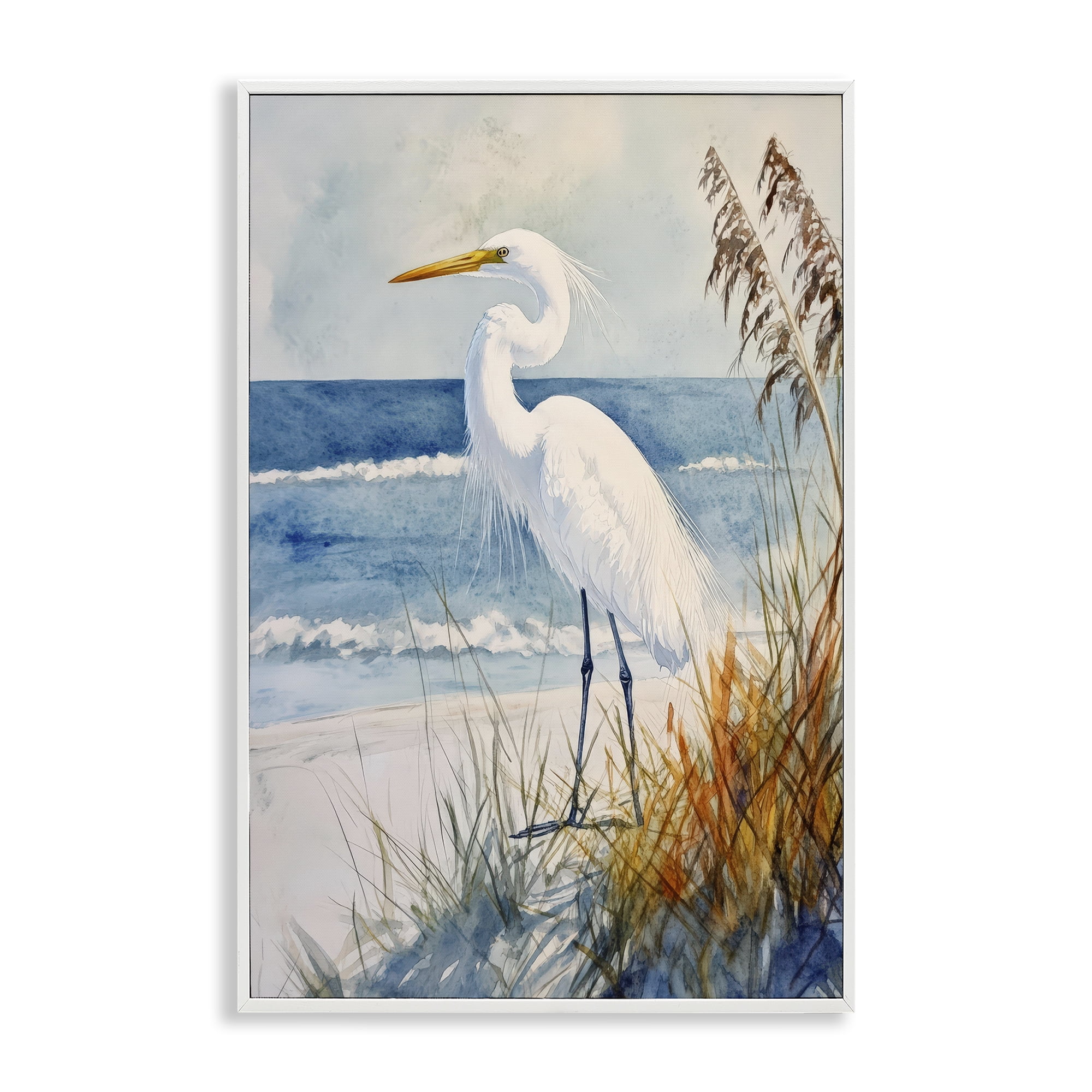 Stupell Industries Egret By The Waves White Framed Giclee Art, design by Petal Prints Design