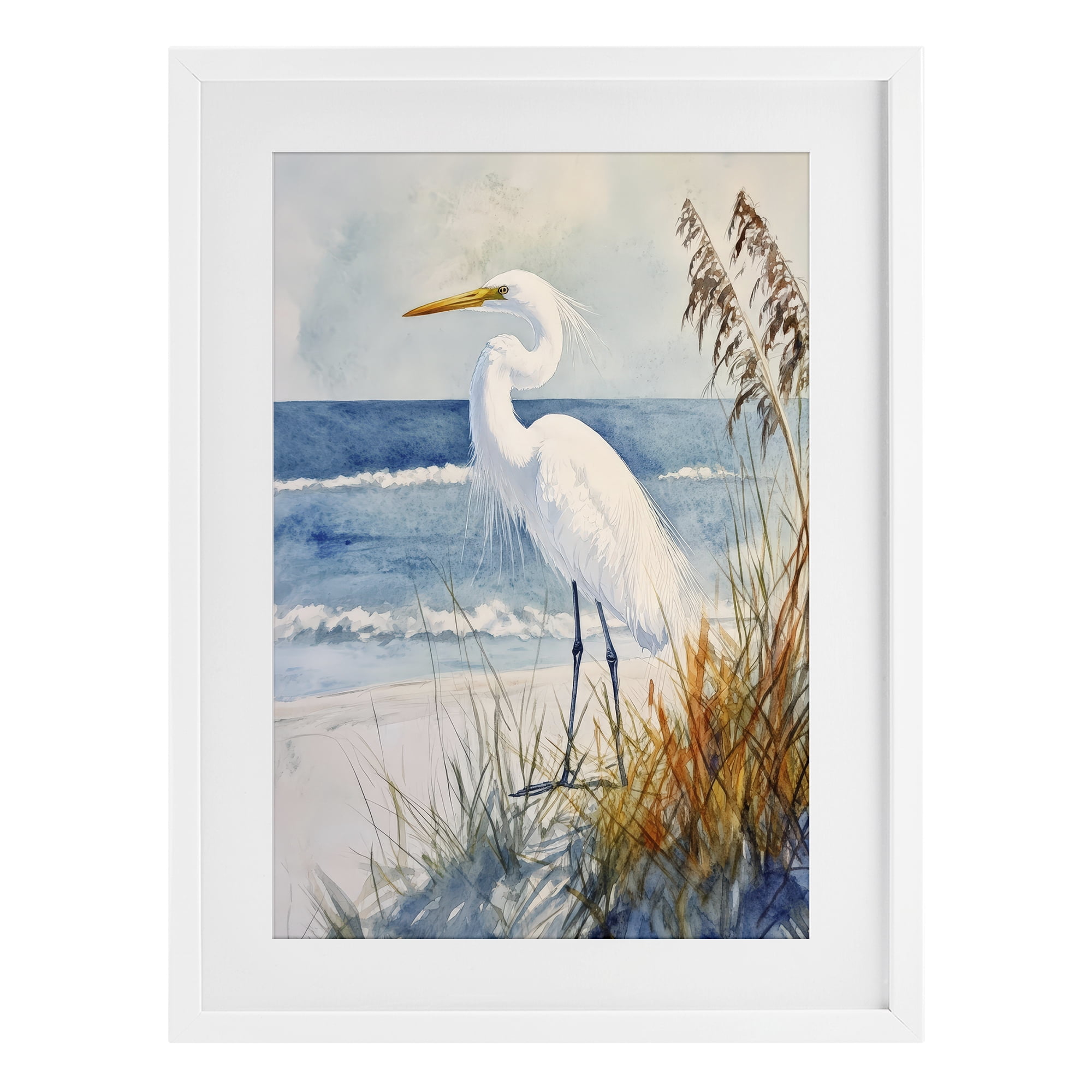 Stupell Industries Egret By The Waves White Framed Print Under Glass, design by Petal Prints Design
