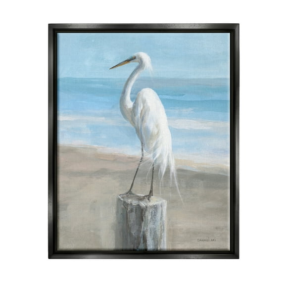Stupell Industries Egret Coastal Landscape Animals & Insects Painting Black Floater Framed Art Print Wall Art, 17 x 21