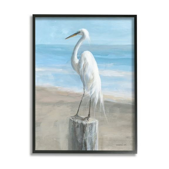 Stupell Industries Egret Coastal Landscape Animals & Insects Painting Black Framed Art Print Wall Art, 11 x 14