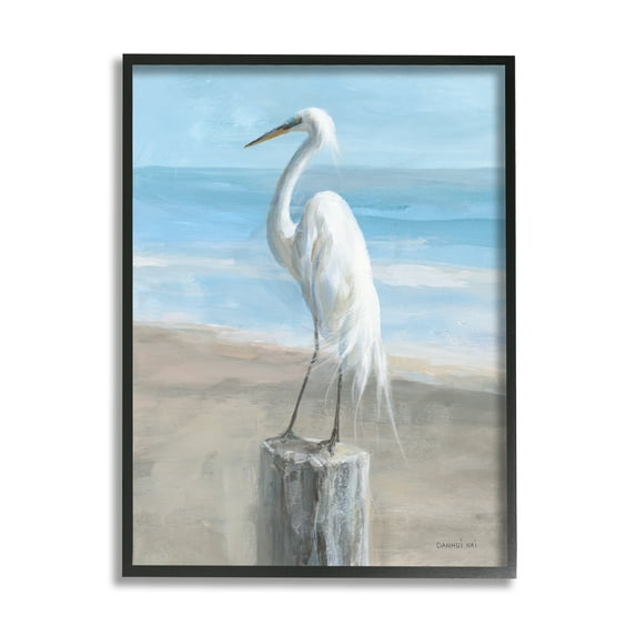 Stupell Industries Egret Coastal Landscape Animals & Insects Painting Black Framed Art Print Wall Art, 24 x 30